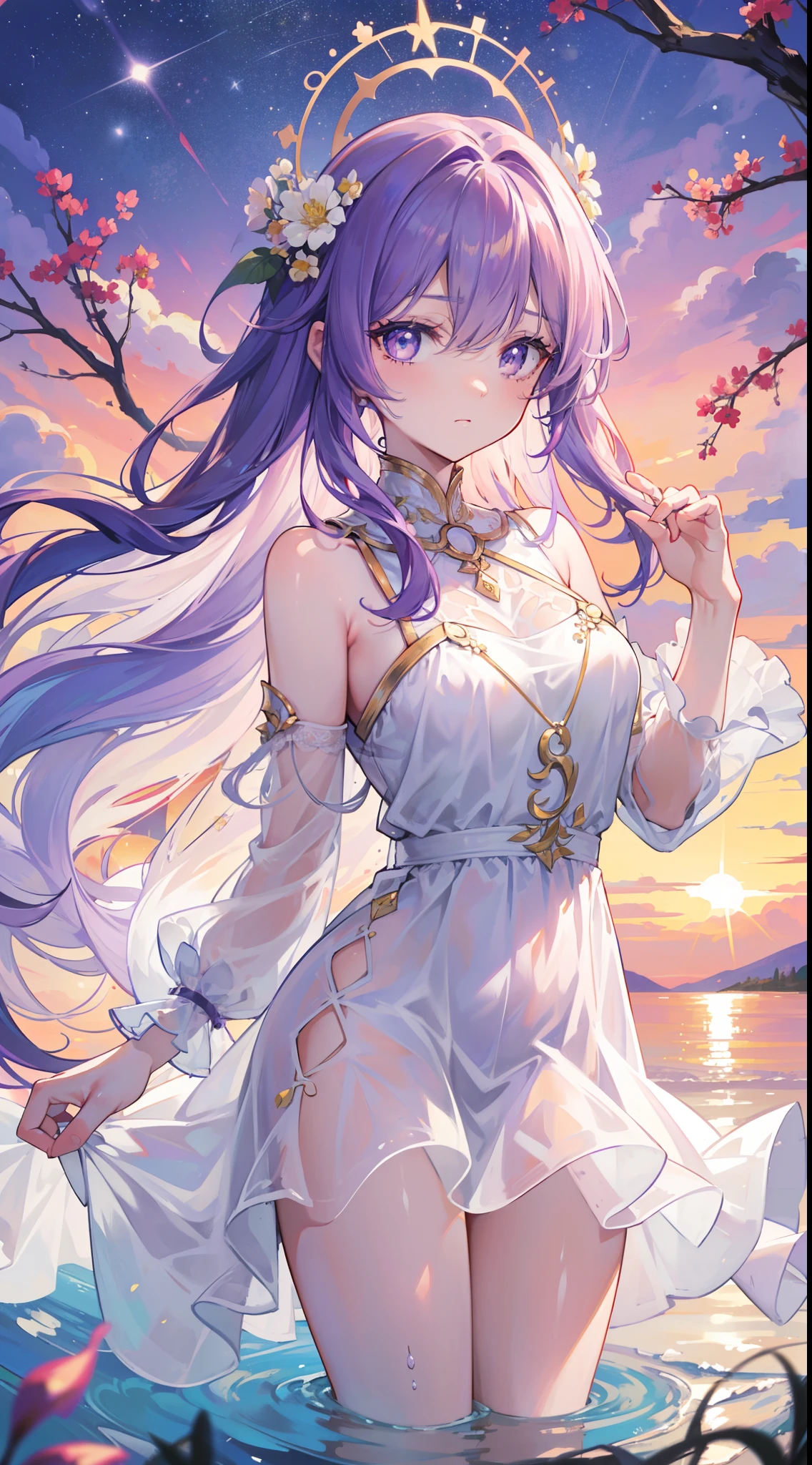 {{{Masterpiece}}}, {{best qualityer}}, {{super fine illustrations}}, {{beautiful and delicate water}}, {{beautiful and detailed eye}, {very detailed light}, {perfect and delicate limbs}, {Nature}, {Painting}, {water bloom}, {delicate glow}, {{very fine 8KCG wallpaper}}, lavender eyes, peach pink pupils, full bodyesbian, whaite hair, glowing light eyes, a extremely delicate and beautiful girl, (1 rapariga), medium chest circumference, dynamic angle, (purple dress,Golden decoration), (long hair floating everywhere), (beautiful hair decoration), (delicate wet dress), (NSFW), (breeze), long hair blown up, ((messy hair style)), (long bangs between eyes), wrinkled skirt, Flowers meadow, near the water edge, (((Sunset)), (less stars form a circle), randomly distributed clouds, (rivers), (willows with branches falling into the water)