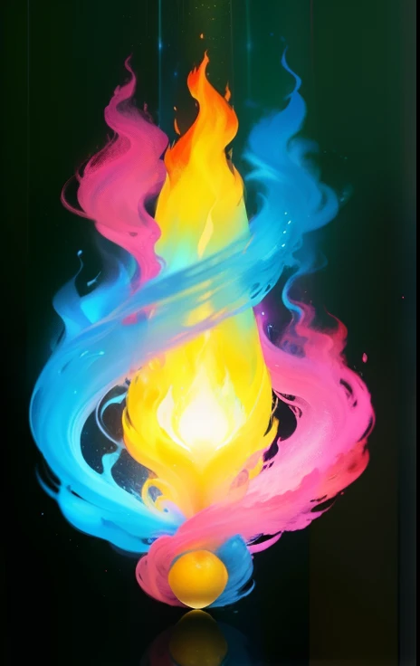 3 flame with different colors merging. blue flame. the blue flame is spinning from left to right, pink flame. the pink flame is spinning from right to left. yellow flame. the yellow flame shining still vertical in the center. all the fire come from a small white pear shining silver sparkling. interstellar background about planet earth