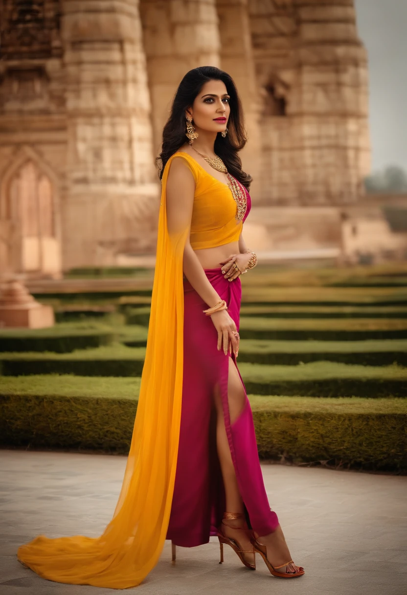 in a panoramic view，photorealestic，Full body, indian woman, 50 years, slit dress, high heels