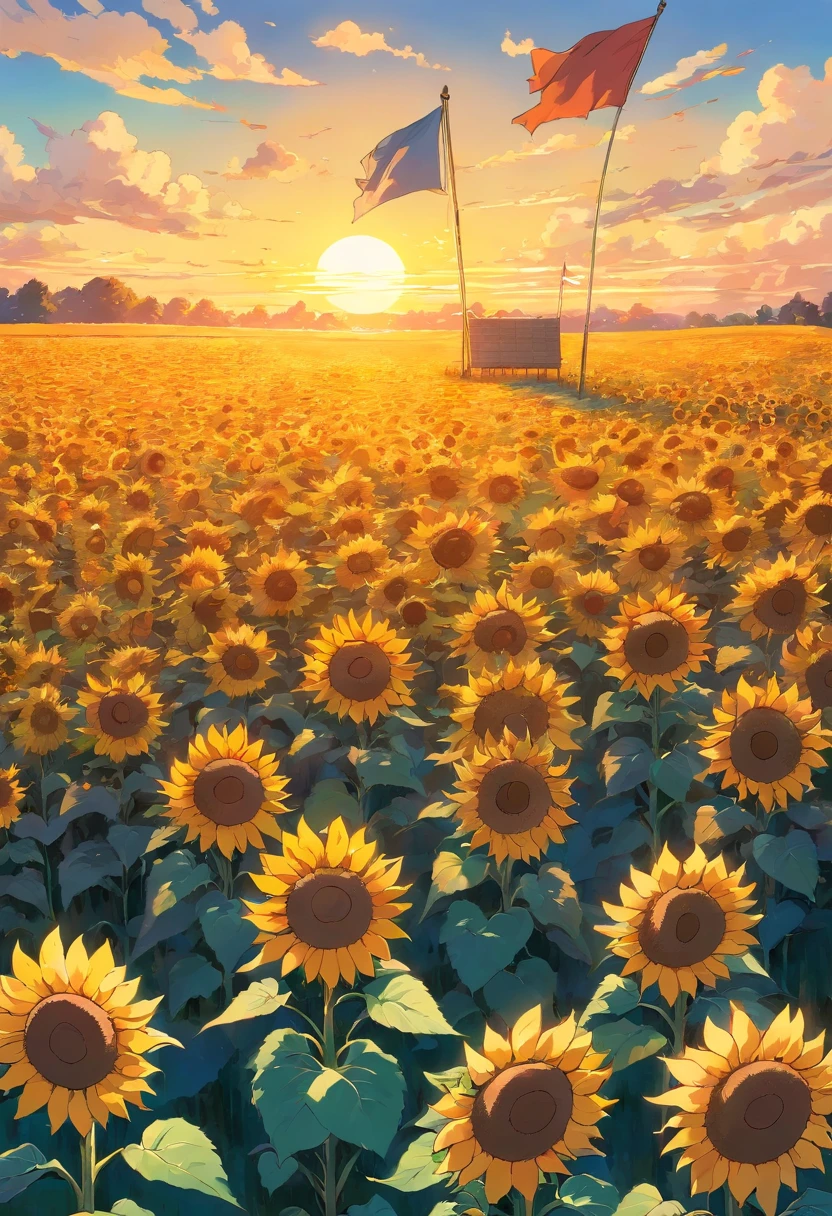 A field of sunflowers at a sunset with a flag