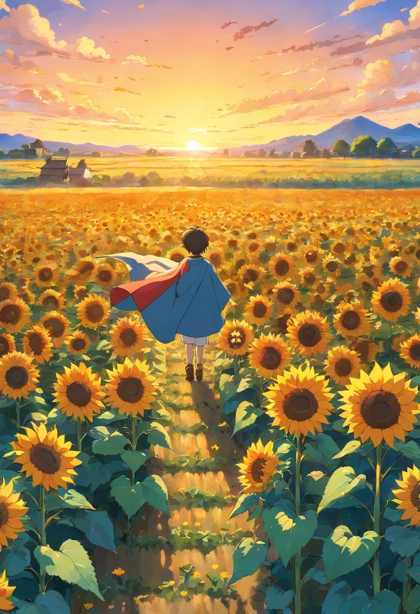 A field of sunflowers at a sunset with a flag