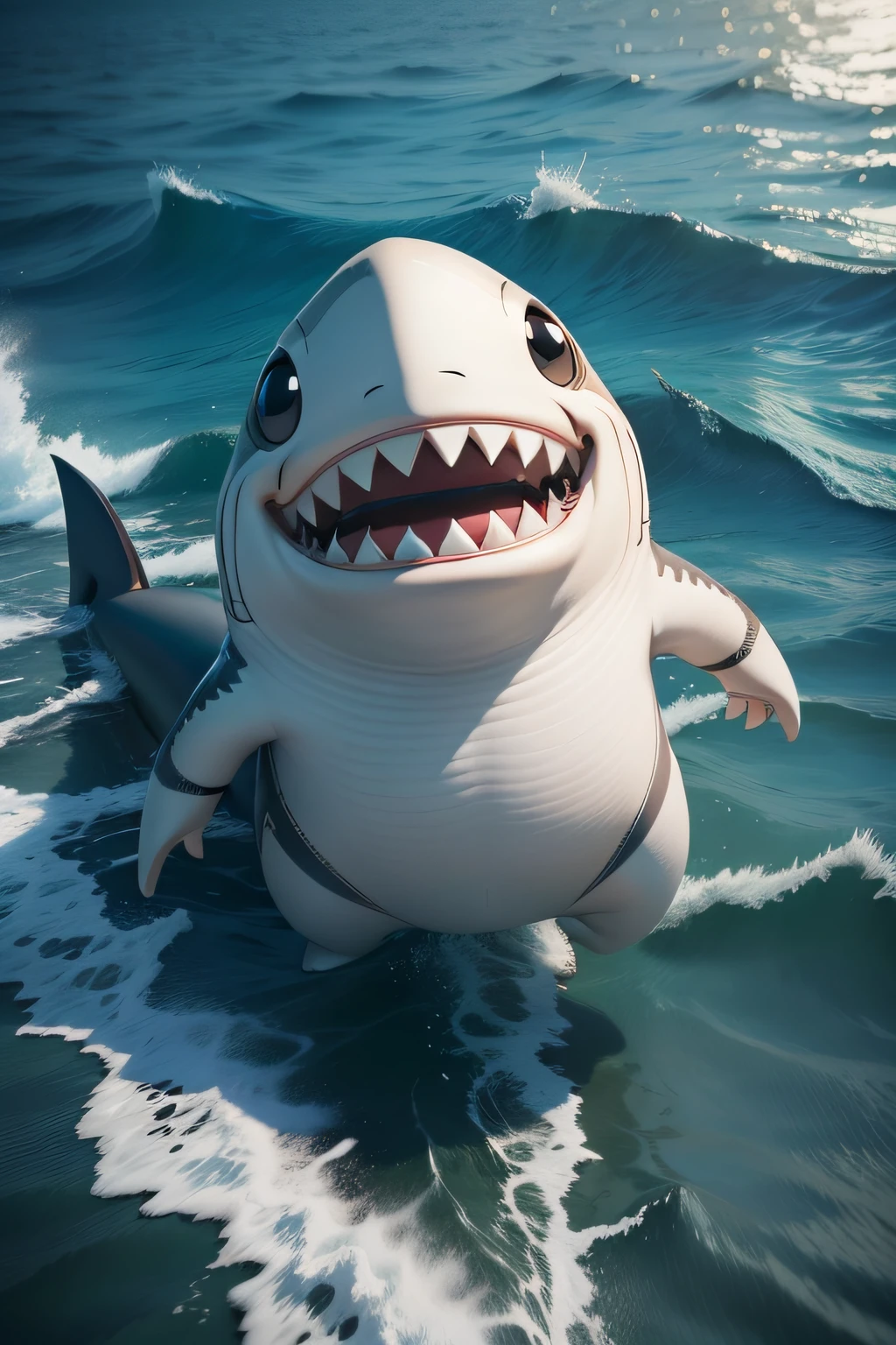 Shark, disney style, chibi, whole body, cute, smiling, unreal engine, detailed, ultra high definition, 8k, --q 1 –v 4