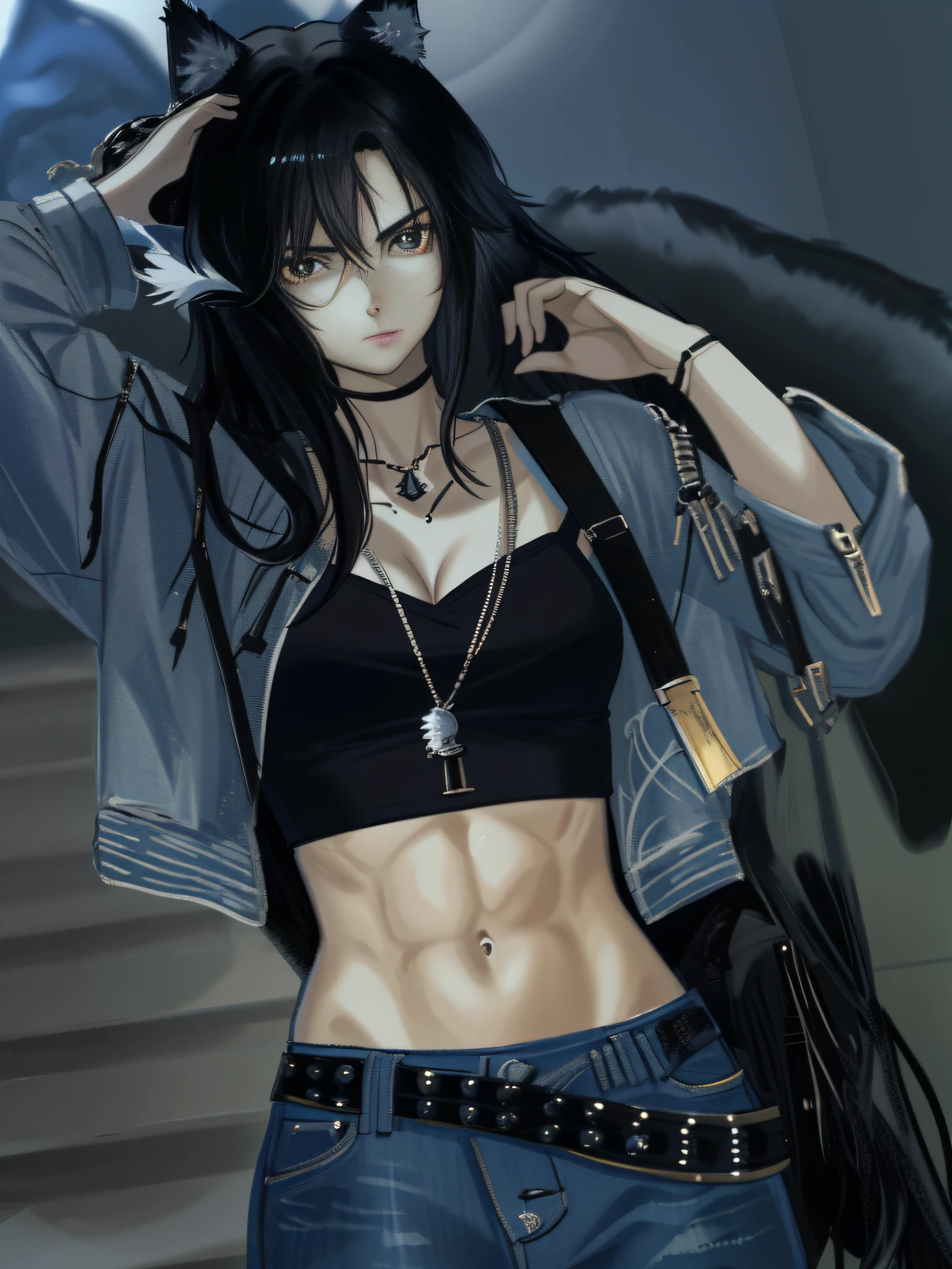 highres, official art, (masterpiece, best quality, absurdres, highly detailed), (best illumination, best shadow), ((anime, anime girl)), mature, mature female, jeans, denim, denim jacket, makeup, crop top, black top, black belt, black bag, necklace, long hair, black hair, wolf ears, wolf tail, wolf girl, black eyes, looking at viewer, arms up, hands up, hand on head, stomach, nice belly, deep navel, ribs, (muscular, muscular female: 0.85), open clothes, open jacket, standing, indoors, stairs