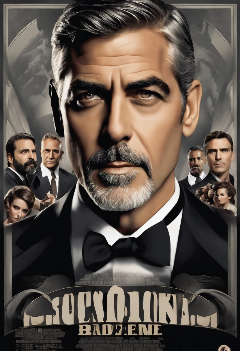 action movie poster of george clooney has a tie on in the background, beard::-2, clean shaven::9, in the style of dark gray and beige, tondo, charming characters, umberto boccioni, light gray and dark brown, dark silver and dark pink, simple and elegant style