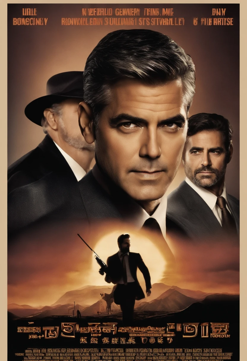 action movie poster of george clooney has a tie on in the background, beard::-2, clean shaven::9, in the style of dark gray and beige, tondo, charming characters, umberto boccioni, light gray and dark brown, dark silver and dark pink, simple and elegant style