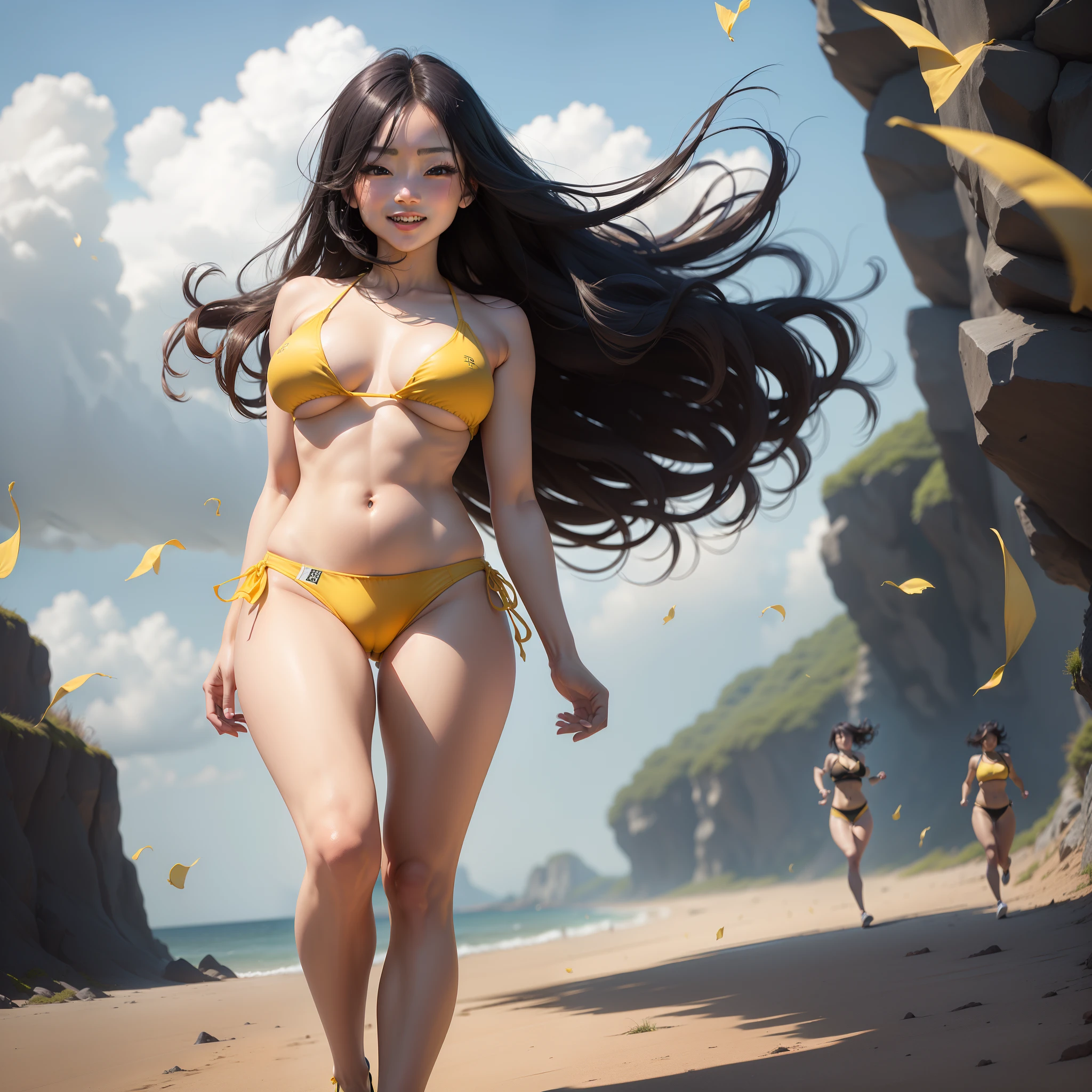 (top-quality、8K、32K、​masterpiece、nffsw:1.2)、Photo of a cute Japanese woman、A smile、Running、(Yellow bikini with black rim)、thick thight、(wind lift:1.6)、full body Esbian、caves、large breasts with good shape、18year old、Check miniskirt