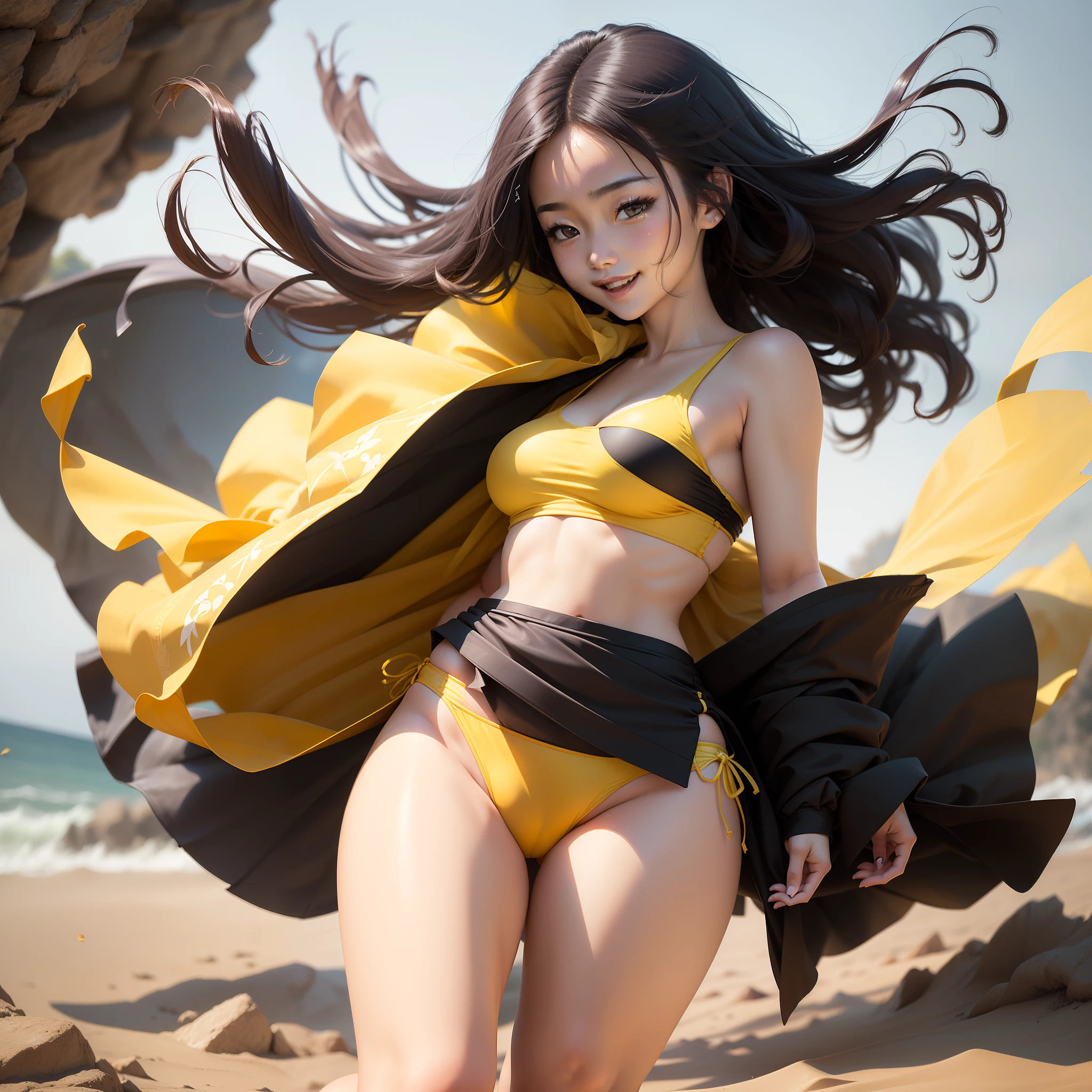 (top-quality、8K、32K、masterpiece、nffsw:1.2)、Photo of a cute Japanese woman、A smile、Running、(Yellow bikini with black rim)、thick thight、(wind lift:1.6)、full body Esbian、caves、large breasts with good shape、18year old、Check miniskirt