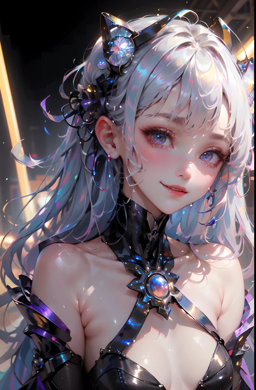 Masterpiece, Best quality, 8K, 15year old, Teenage uncensored, RAW photo, absurderes, award winning portrait, Smile, Smile, Solo, Night, neonlight, Idol face, violaceaess, gardeniass, Delicate girl, Mecha upper body, Digital SLR, view the viewer, candid, Sophisticated, Youthful, Thin arms, Professional lighting, filmgrain, color difference, (Detailed eyes and face:1.0), (Bokeh:1.1)
