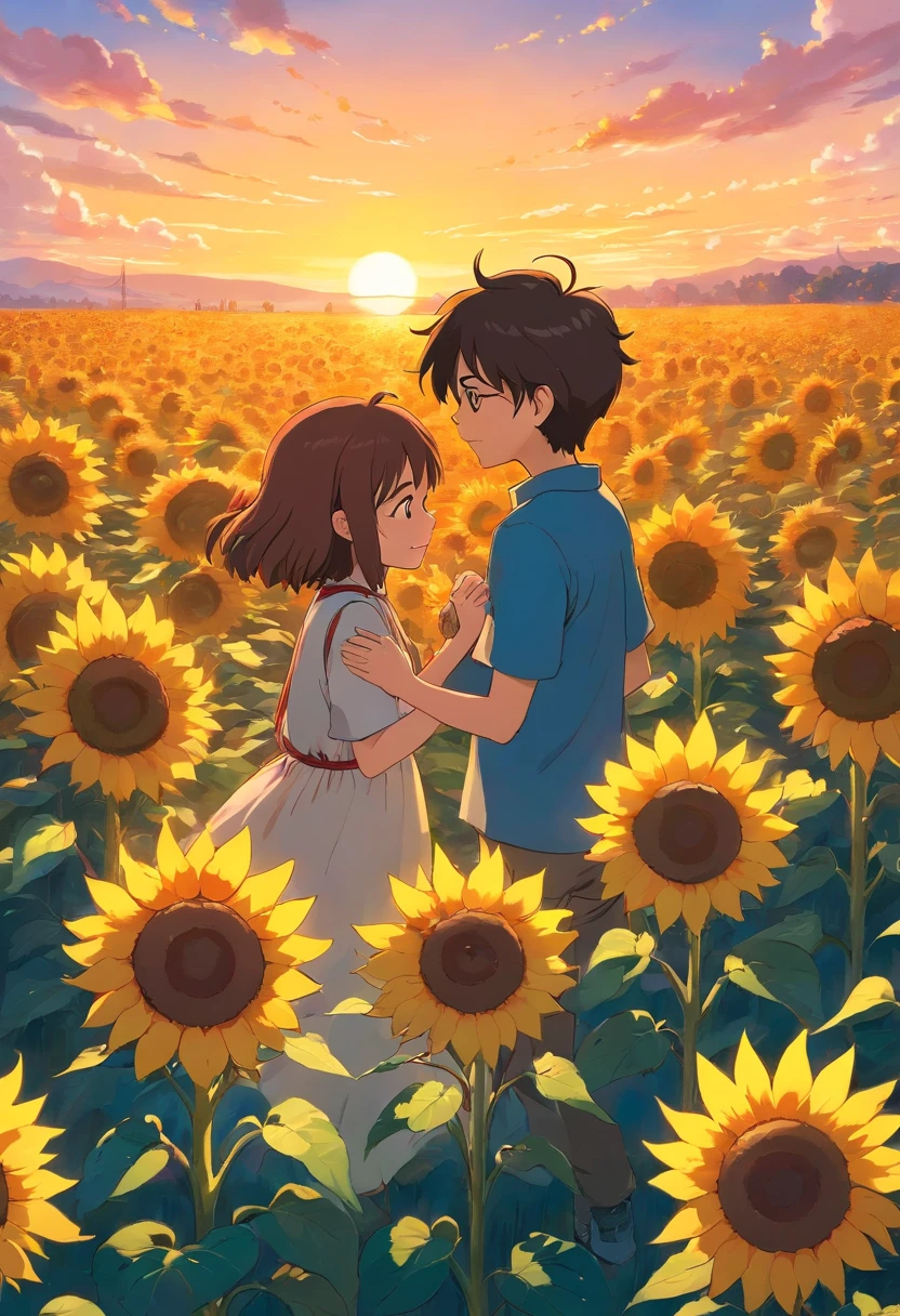 A field of sunflowers at a sunset, And there's a boy and a girl hugging each other