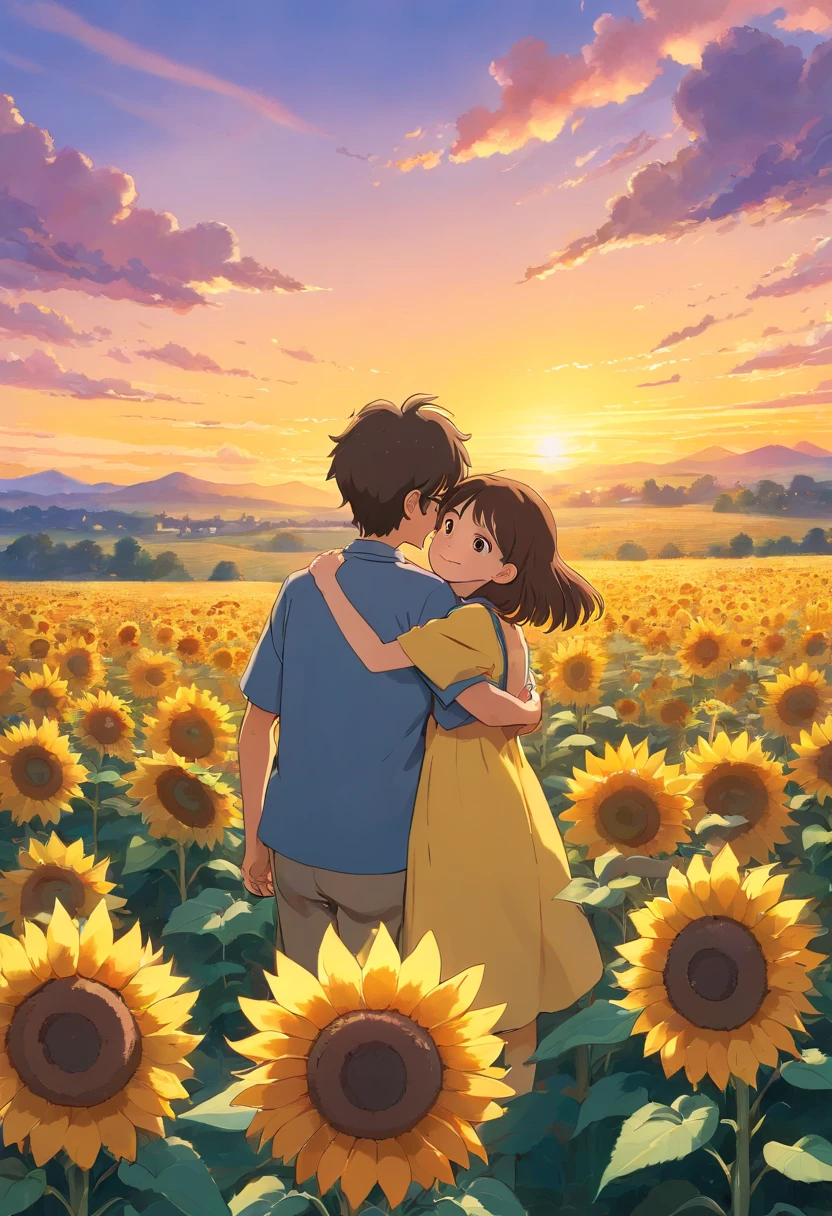 A field of sunflowers at a sunset, And there's a boy and a girl hugging each other