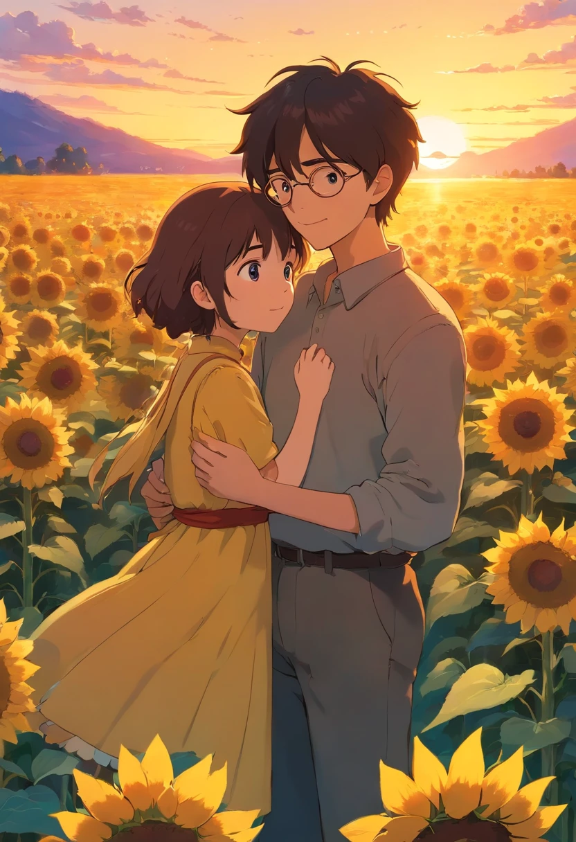 A field of sunflowers at a sunset, And there's a boy and a girl hugging each other