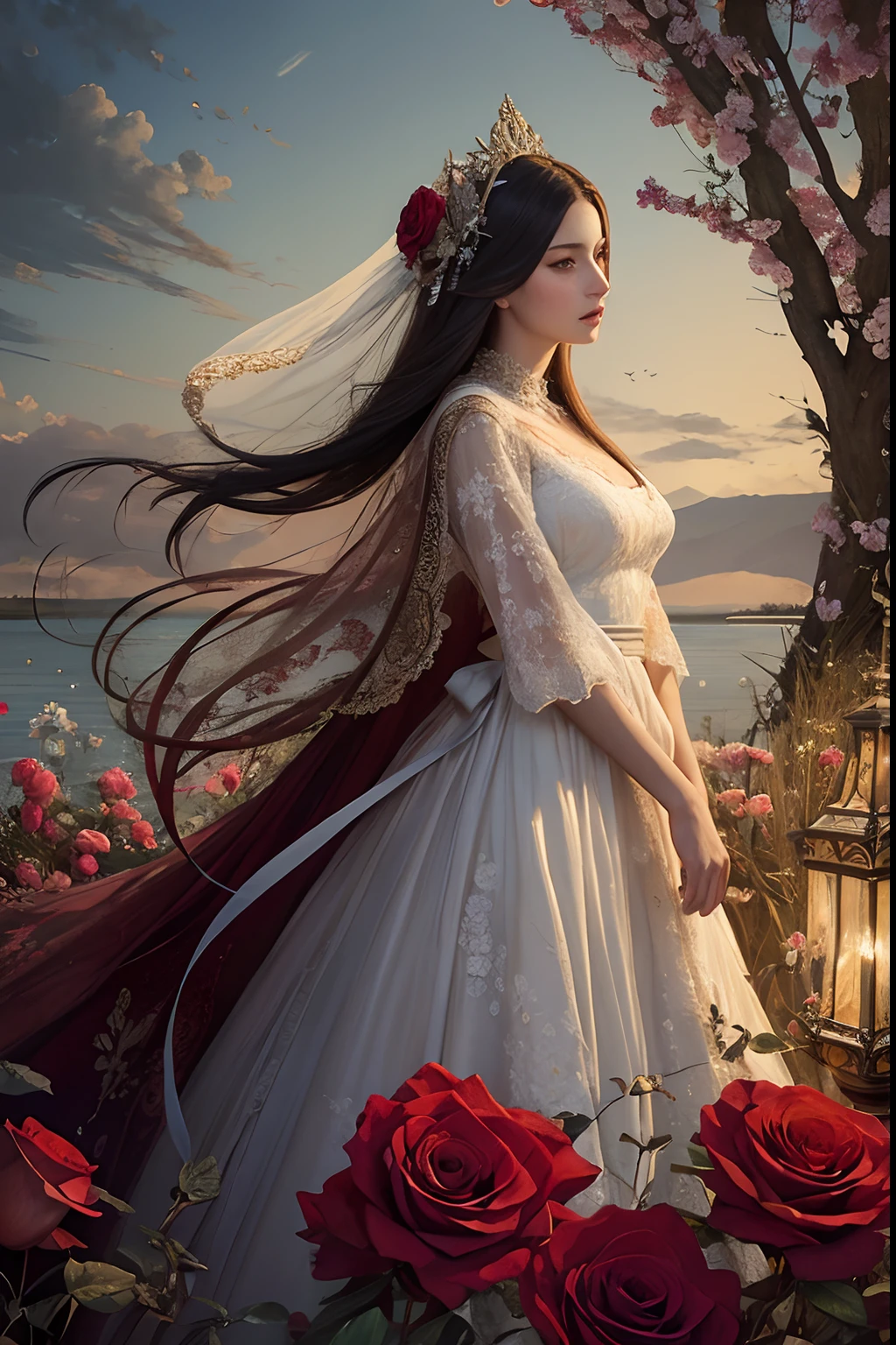(masterpiece, top quality, best quality, official art, beautiful and aesthetic:1.2), (1girl:1.3), extremely detailed,(fractal art:1.1),(colorful:1.1)(flowers:1.3),highest detailed, full body, a lady in wedding dress is walking beside lake, long white Silk lace scarf on head and over chest, surrounding with roses and vain, side view, long shot view, sun set, dramatic light, wind , by Karol Bak, Acrylic Paint, Color Grading, Incandescent,