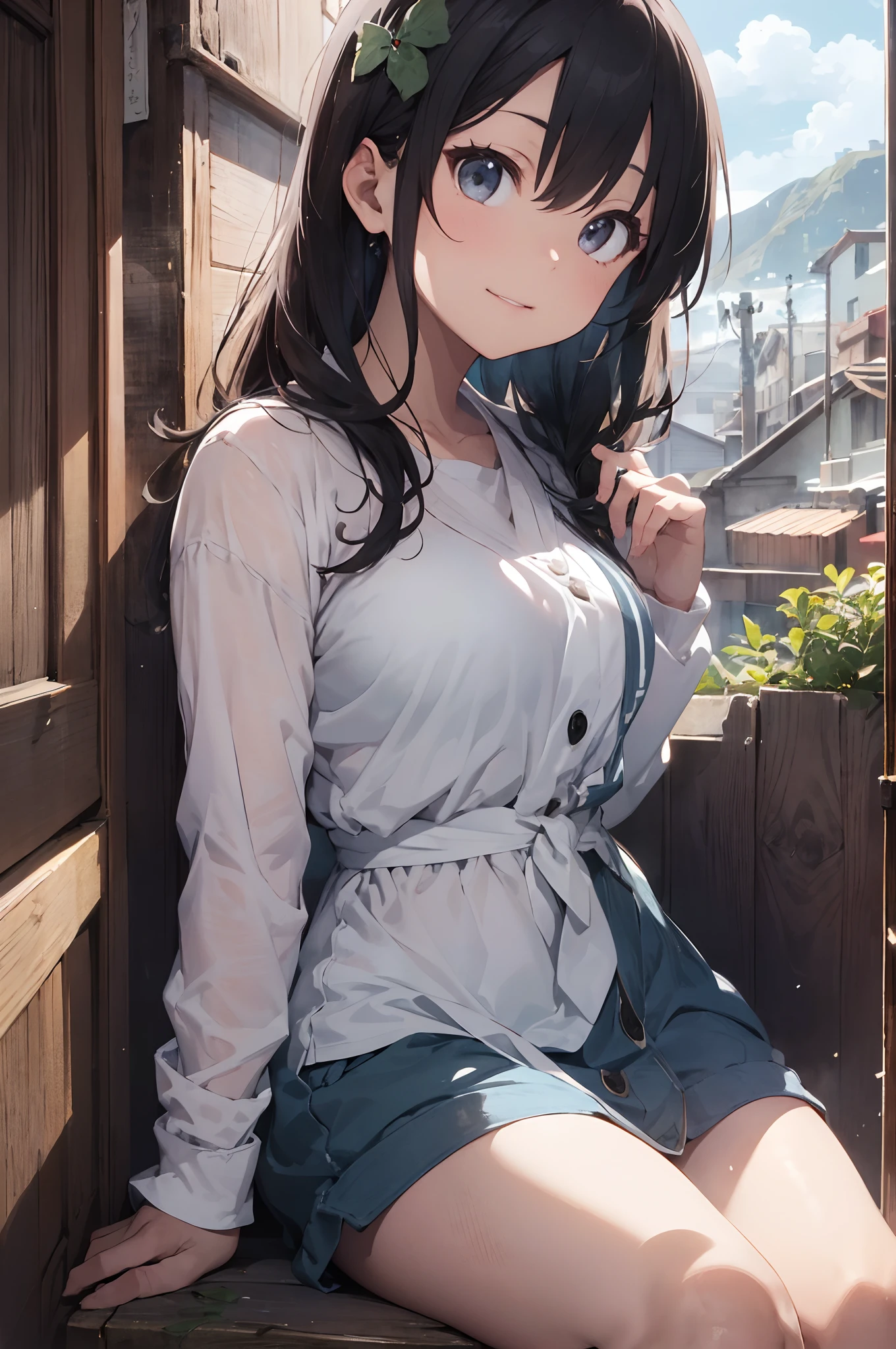 Full-size adult female, blue-brown hair color, full height, light blue eyes, smiling, mouth, lips, wearing transparent, hand holding handrail, ahageo-shaped grimace, ((Dress With Hood Drawstring Along Side Tube)) , white skin color, thick legs, thick thighs, bangs, lace underwire bra, side locks, mountain, yellow leaves on trees, background scenery, sunset, sunlight, beautiful afternoon, clouds, wind in hair, flying leaves, ambient details, brighter colors, saturated effect
