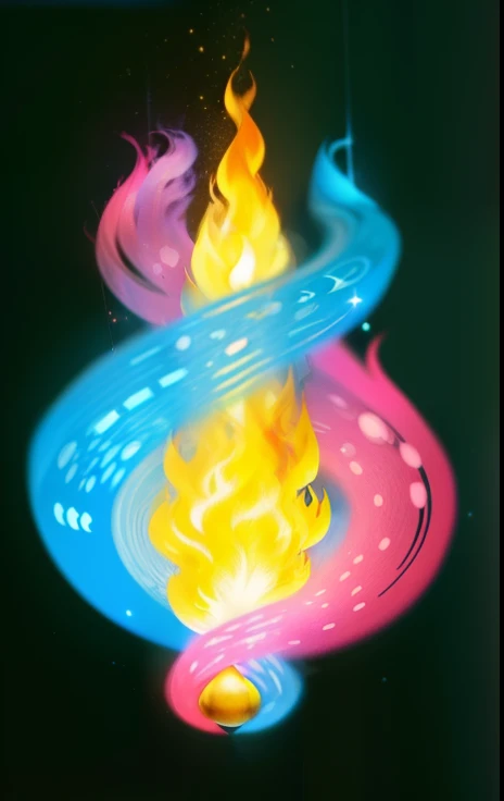 ultra realistic. 3 flame with different colors merging. blue flame. the blue flame is spinning from left to right, pink flame. the pink flame is spinning from right to left. yellow flame. the yellow flame shining still vertical in the center. all the fire come from a small white pear shining silver sparkling. interstellar background about planet earth