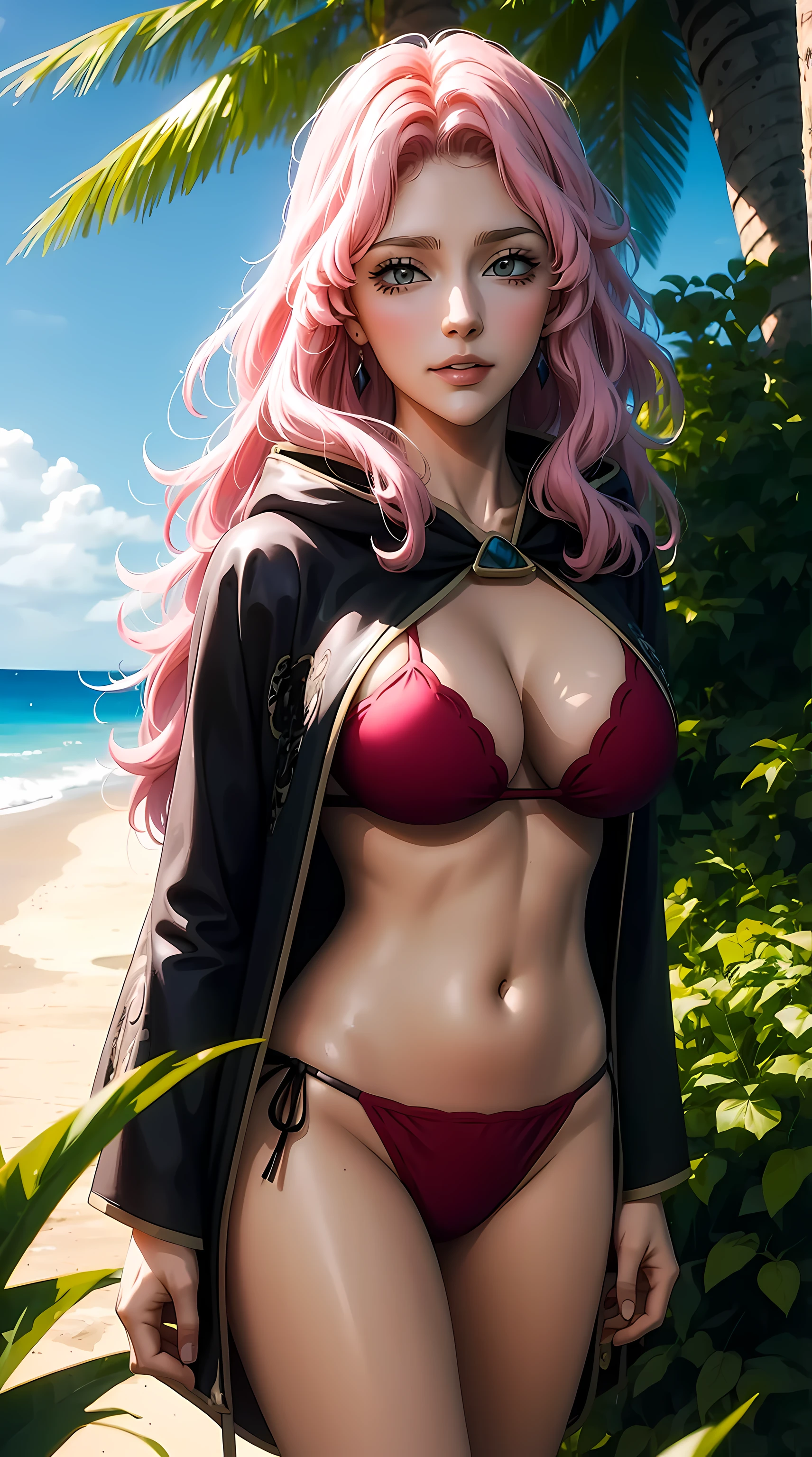 vanessa from black clover anime, long hair, pink hair, beautiful, beautiful woman, perfect body, perfect breasts, wearing a beach bikini, white bikini, expensive bikini, on the beach, beautiful beach, very beautiful, coconut trees, looking at the viewer, little smile, realism, masterpiece, textured skin, super detail, high detail, high quality, best quality, 1080p, 16k