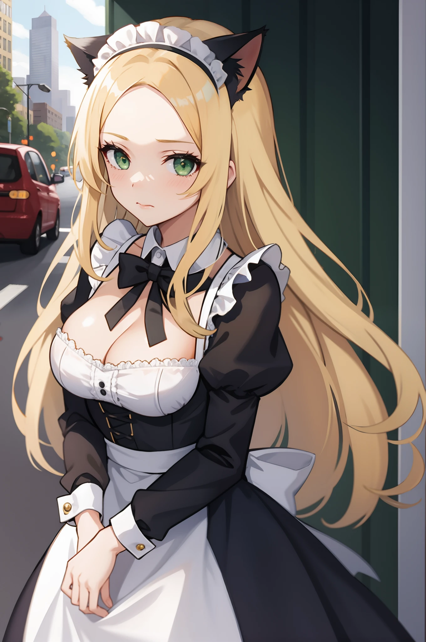 one girl, blonde hair, dark green eyes, forehead, long hair, big breasts, cat ears, maid dress, embarrased, closed mouth, city