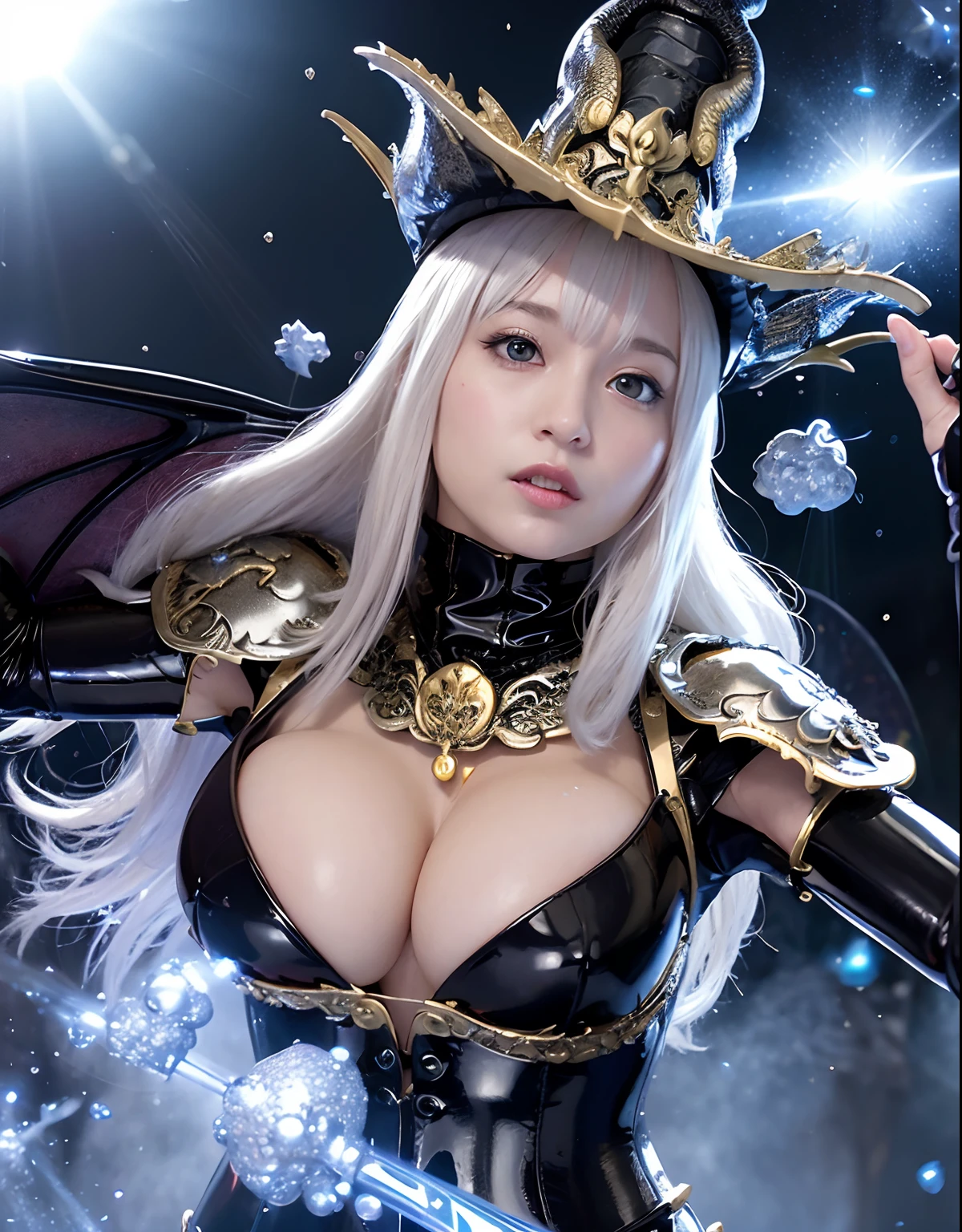 ((World of Darkness)),Professional , masterpiece、top-quality、photos realistic , depth of fields 、(((With a magic wand of gems))),(Dragon White Metal Body:1.9),(latexsilver-blue、(cleavage of the breast)(Fight dragons)、、(((Particles of light))),(Micro Bikini Armor:1.7),Gorgeous gold weapons ,(Fight dragons)、Seductive look、(blood splattere、((((With a magic wand))), ) , (((Wearing a black latex wizard hat))),(demonic wings) ,(a beauty girl) ,((a blond))、(Castle background)、((Gangle's forest background))、Beautiful Caucasian beauty、1a person、dynamic ungle,(((Detailed and ornate dragon wizard hat)))、Smaller head、A smile、Castle background、Thin and beautiful female hands、cleavage of the breast、Soldier in iron armor on background、Mystical expression、Light Effects、intense fighting、Wind-effect、magic circles、With the legendary magic wand、Dragon's tail、explosions、Toostock、Toostock、