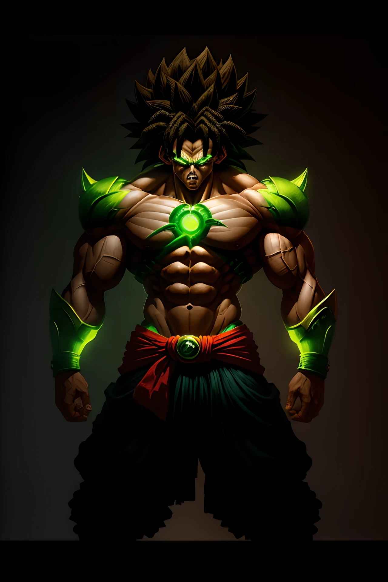 Obra prima Broly rei macaco, detalhado, Classic designer, Defined muscles, cabelo Verde, aura verde, olhos brancos, muito muito bravo
