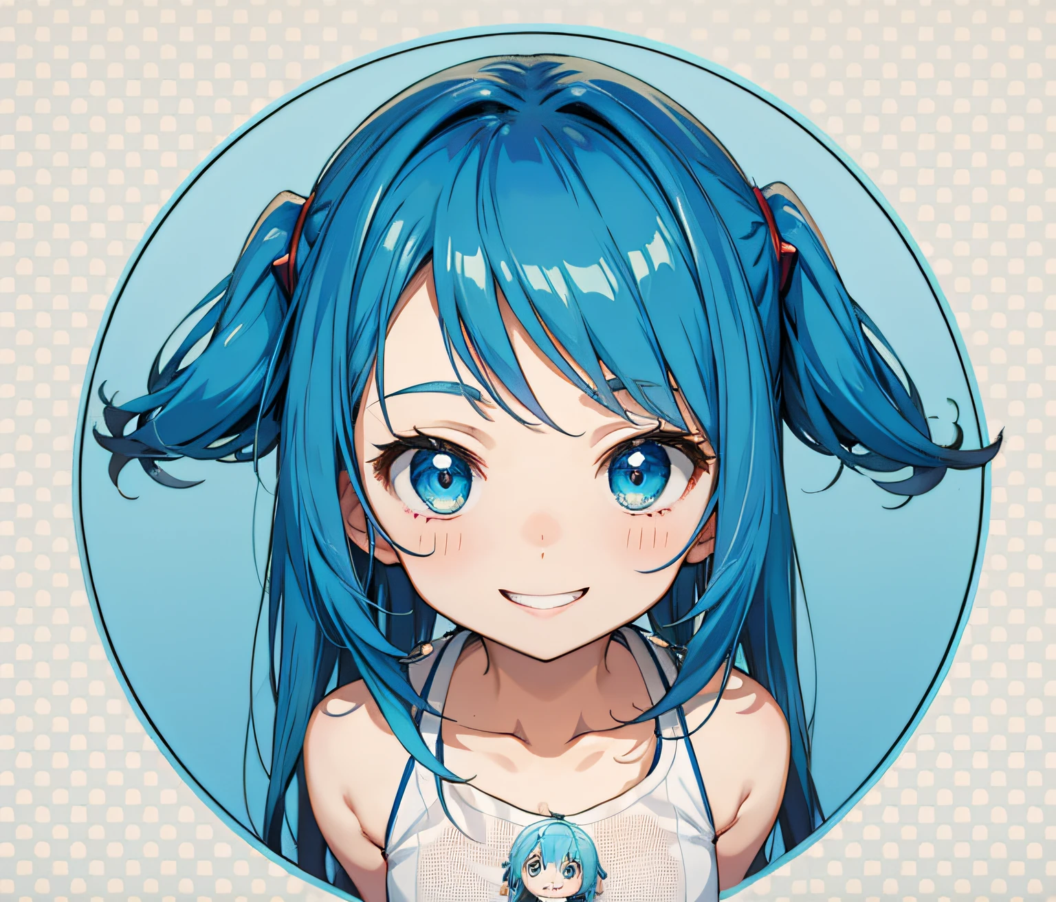 anime girl, Smiling, blue hair, Cyan eyes, white tanktop