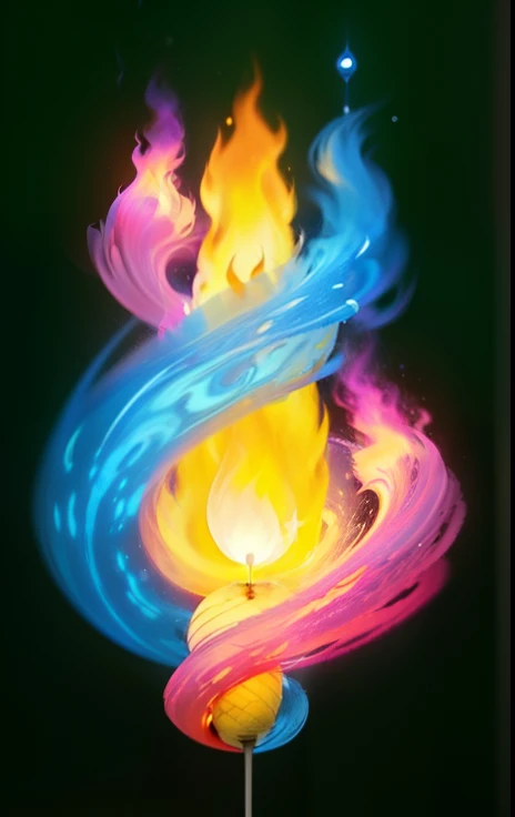 ultra realistic. 3 flame with different colors merging. blue flame. the blue flame is spinning from left to right, pink flame. the pink flame is spinning from right to left. yellow flame. the yellow flame shining still vertical in the center. all the fire come from a small white pear shining silver sparkling. interstellar background about planet earth