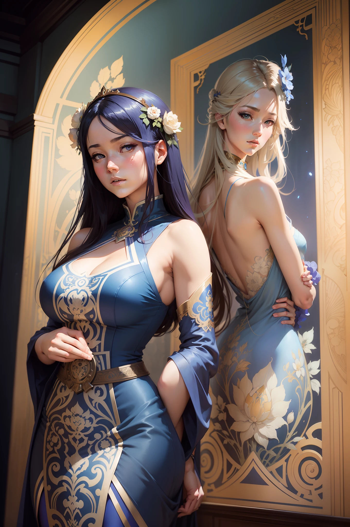 Anime woman in blue and white dress standing in front of wall, alphonse mucha and rossdraws, oriental art nouveau, ross tran style, japanese art style, artgerm and atey ghailan, in the style of ross tran, inspired by Ross Tran, nobara， European Women, Exquisite digital illustration, :: rossdraws, beautiful digital illustrations, Fantastical　Mucha style　Post-art