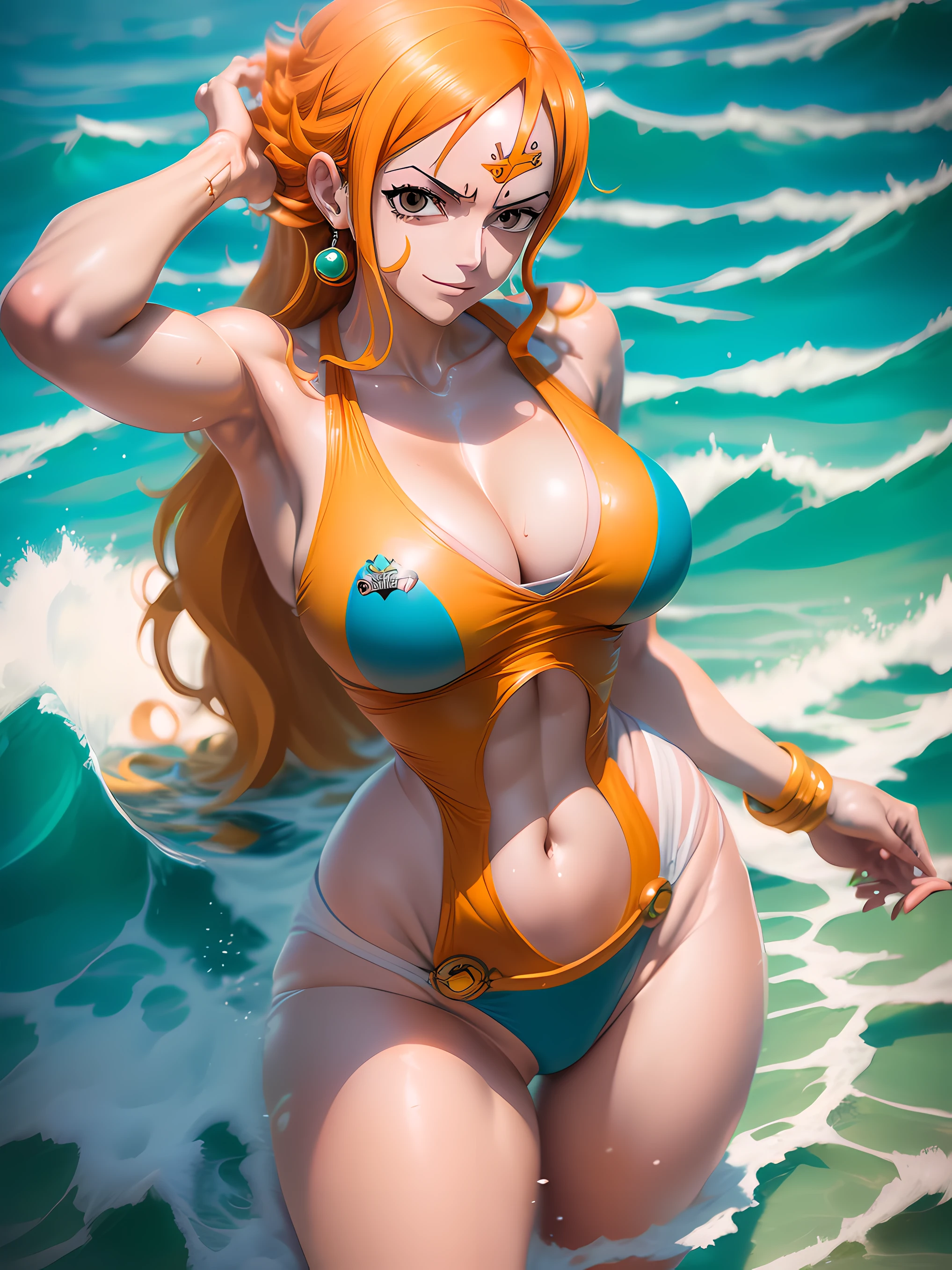 ((Uma bela mulher realista atraente, como Nami de One Piece, personagem Nami de One Piece:1.2)), (fotorrealista:1.4), obra prima, extremamente detalhado, melhor qualidade, Foto RAW, 8k UHD,