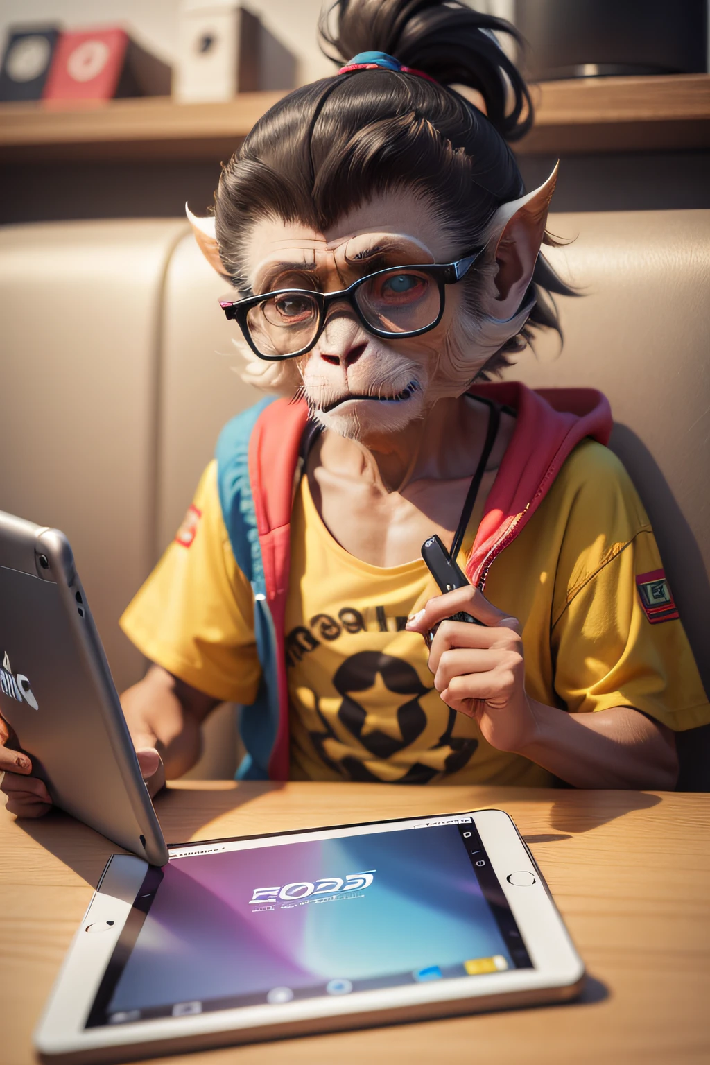 macaco lendo tablet em 2050 ultra realista