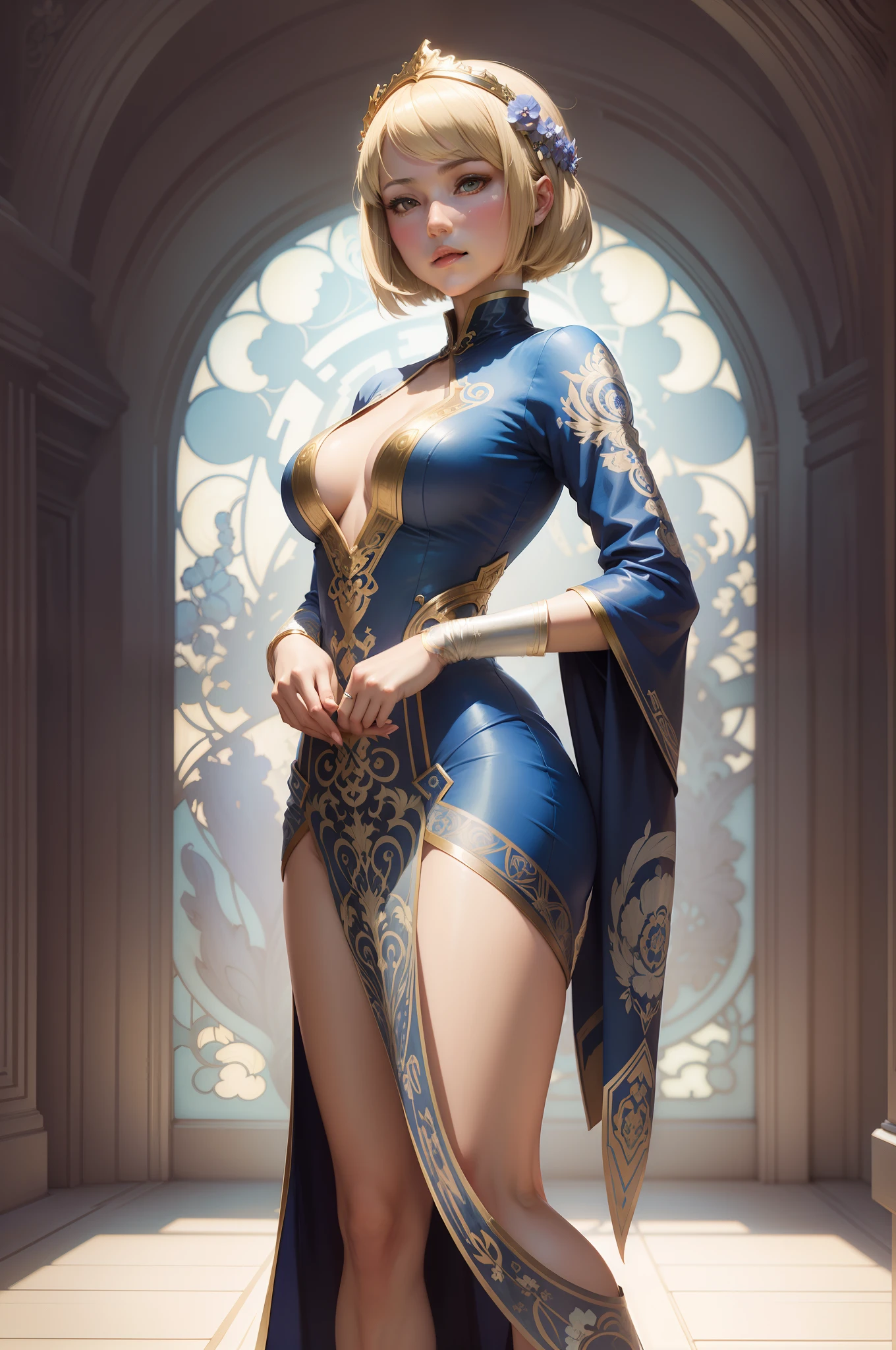 Anime woman in blue and white dress standing in front of wall, alphonse mucha and rossdraws, oriental art nouveau, ross tran style, japanese art style, artgerm and atey ghailan, in the style of ross tran, inspired by Ross Tran, nobara， European Women, Exquisite digital illustration, :: rossdraws, beautiful digital illustrations, Fantastical　Mucha style　Post-art　Blonde Short Bob