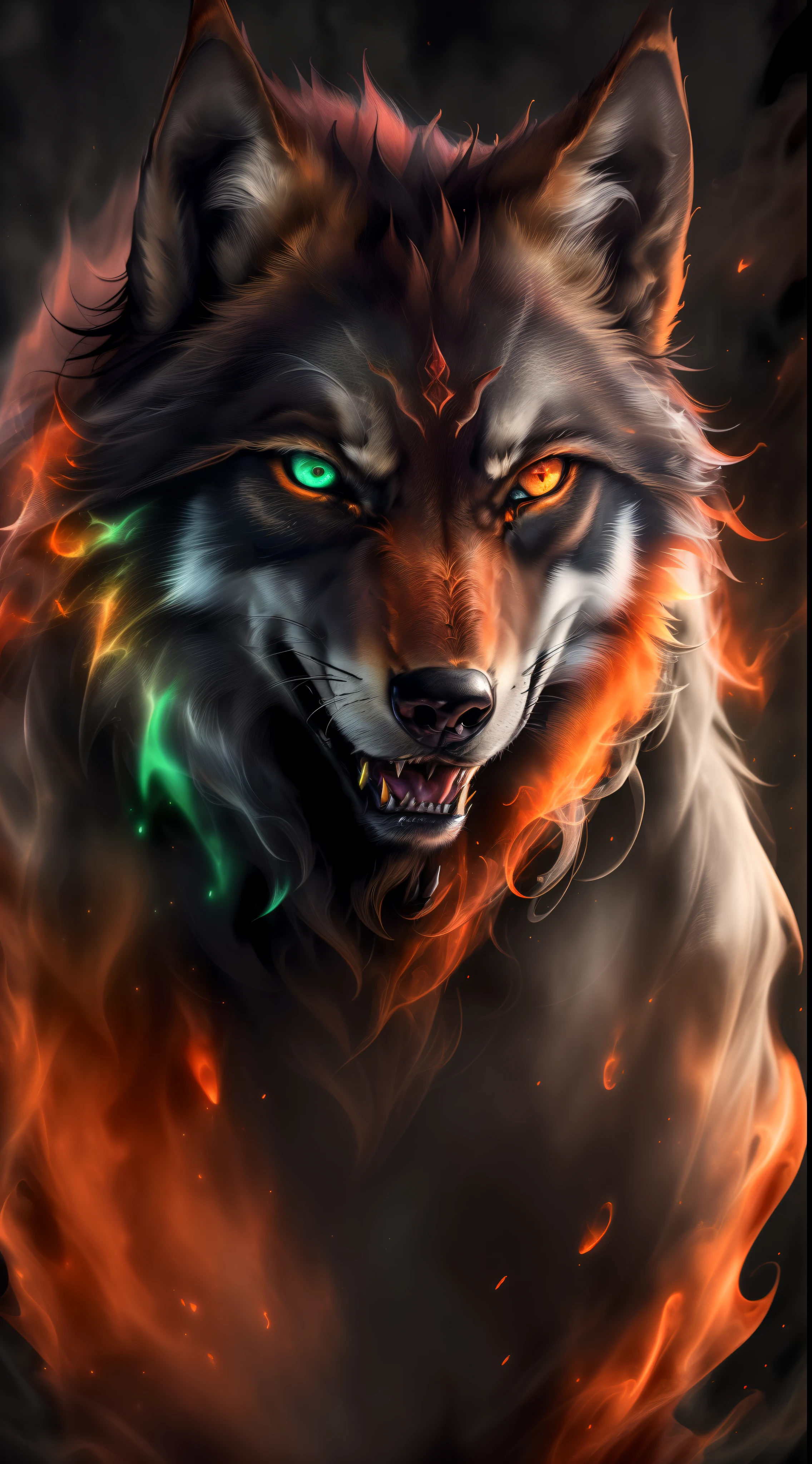 (best quality,4k,8k,highres,masterpiece:1.2),ultra-detailed,realistic:1.37,wolf,crimson smoke,orange and green background,mesmerizing eyes,sharp teeth,exquisite fur texture,fierce expression,mystical atmosphere,dark forest vibe,dynamic pose,vivid colors,fluid brushstrokes,dramatic lighting,haunting beauty,abstract art details