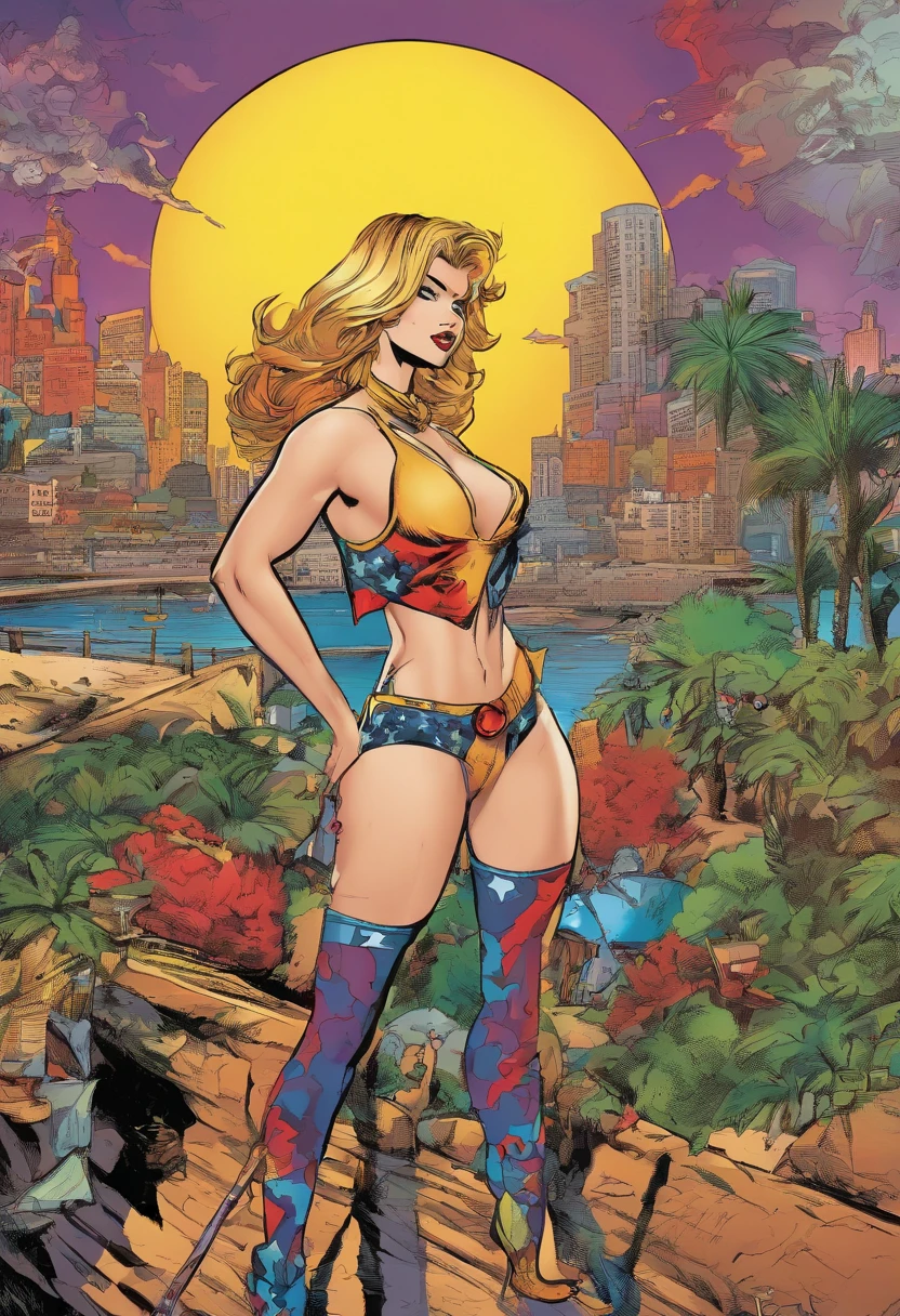 American comics, the comic story is presented in multiple irregular panels with color. sexy model The style is exaggerated and detailed
