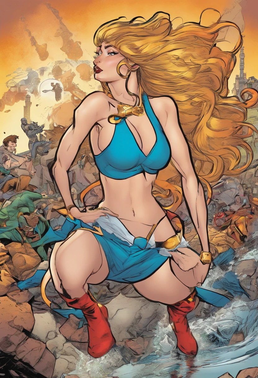 American comics, the comic story is presented in multiple irregular panels with color. sexy model The style is exaggerated and detailed