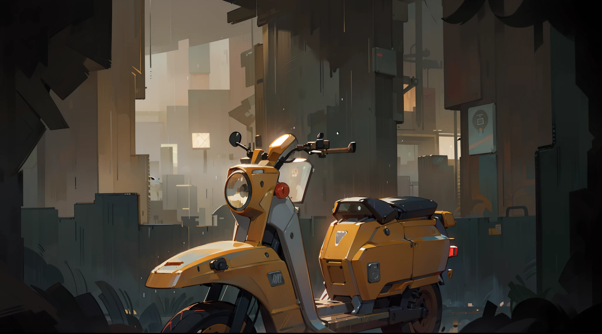 (best quality,4k,highres,masterpiece:1.2),rainy night scene,motorcycle driving through the rain-soaked streets,shimmering reflections on wet asphalt, dramatic city lights,cityscape softly illuminated by the neon signs,blurry raindrops on the windshield,glowing headlights cutting through the darkness,sleek and shiny black motorbike,smooth curves and angular lines,gleaming chrome details,riding at high speed through the pouring rain,vibrant colors of the city at night,rain-soaked atmosphere adding a sense of mystery and drama,moody and atmospheric ambiance,urban setting with tall buildings and narrow streets,raindrops glistening in the streetlights' glow,flickering reflections dancing on the wet surfaces,sound of raindrops hitting the ground,adrenaline-rush as the motorbike speeds through the wet streets,feeling of freedom and exhilaration in the midst of the storm,riding with a sense of purpose and determination,wet and glistening road surfaces providing an intense visual contrast,dark and ominous clouds hanging low in the sky,lightning illuminating the scene for a split second,dynamic composition capturing the motion and energy of the motorcycle ride,raindrops falling on the rider's helmet creating a sense of immediacy and immersion,gritty and realistic portrayal of the urban environment,creating a visually stunning and captivating artwork.