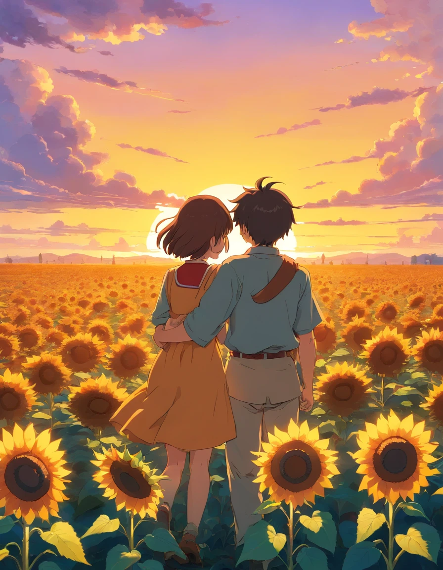 A field of sunflowers at a sunset, And there's a boy and a girl on their knees hugging each other on the horizon