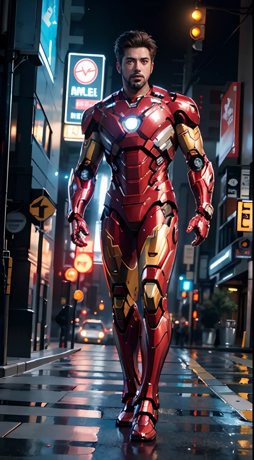 8k Realistic, attractive and highly detailed. An 18 year old boy, a smart and attractive man inspired by Iron Man, wears a shiny Iron Man robot. She dresses with swagger and confidence. It perfectly reflects Iron Man's strength and abilities. In a cyberpunk style city night scene A confident and attractive young man uses Iron Man cosplay as his theme. A boy wearing an Iron Man robot suit stands on a street lined with tall buildings. The city lights at night shine brightly. It reflected the boy's machine. Add a sense of futuristic technology The surrounding buildings and streets are filled with cyberpunk elements such as neon lights, high-tech gadgets, and futuristic architectural designs. The entire scene is filled with a futuristic and sci-fi atmosphere. The high-definition, high-quality images make viewing incredibly enjoyable. The perfect mix of sexy, futuristic and sci-fi elements. OC rendering, stunning lighting, award-winning quality, full-size body, smart chassis, graceful steps.