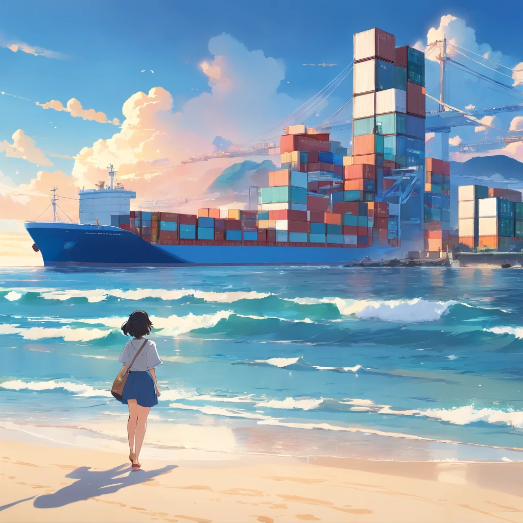 Generate a poster,The dimensions are 3 meters wide and 6 meters long,Sunny beach in the background,Container ships sail on the sea,There are transport planes in the sky
