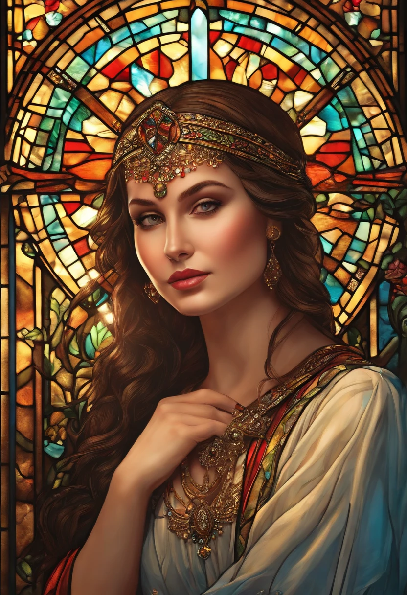(masterpiece, top quality, best quality,official art, beautiful and aesthetic:1.2),(1girl:1.3), 1girl BREAK stained glass art, colored glass, lead lines, light transmission BREAK vibrant colors, intricate designs, luminous effects, spiritual ambiance