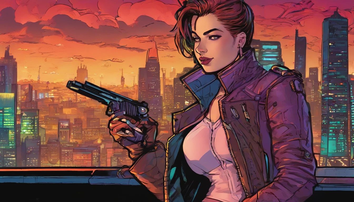 cyberpunk, steampunk girl, at night, futuristic city, neon lights, coloured rim lighting on girl, leather jacket, v neck top, steam in background, 3/4 shot, holding gun