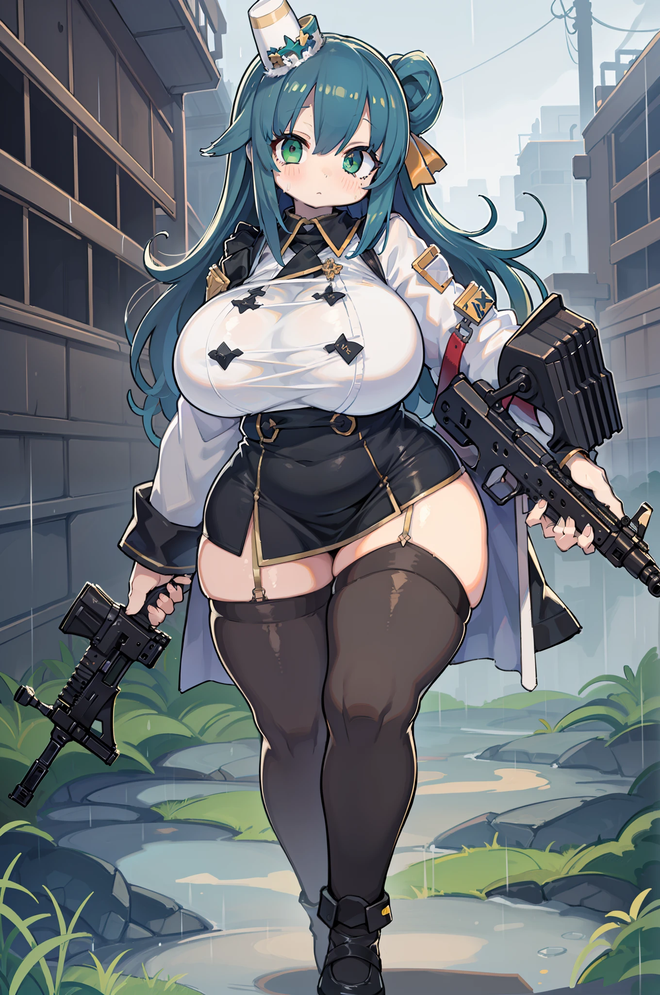 (((Hold a huge assault rifle)))、Long sideburns、Anime-style girl with beautiful whole body, clean detailed faces, ciber,analogous colors, Glowing shadows, beautiful gradients, depth of fields, CLEAN IMAGE, High quality,Black Parker Clothing、 high detailing, High Definition, blush, Fit, Heavenly Beauty, Very detailed, Soft lighting, Full body,Green＆Black hair,Green eyes、(((huge-breasted))),Very Wide Shot、bbw、big butts、In heavy rain、Huge assault rifle、