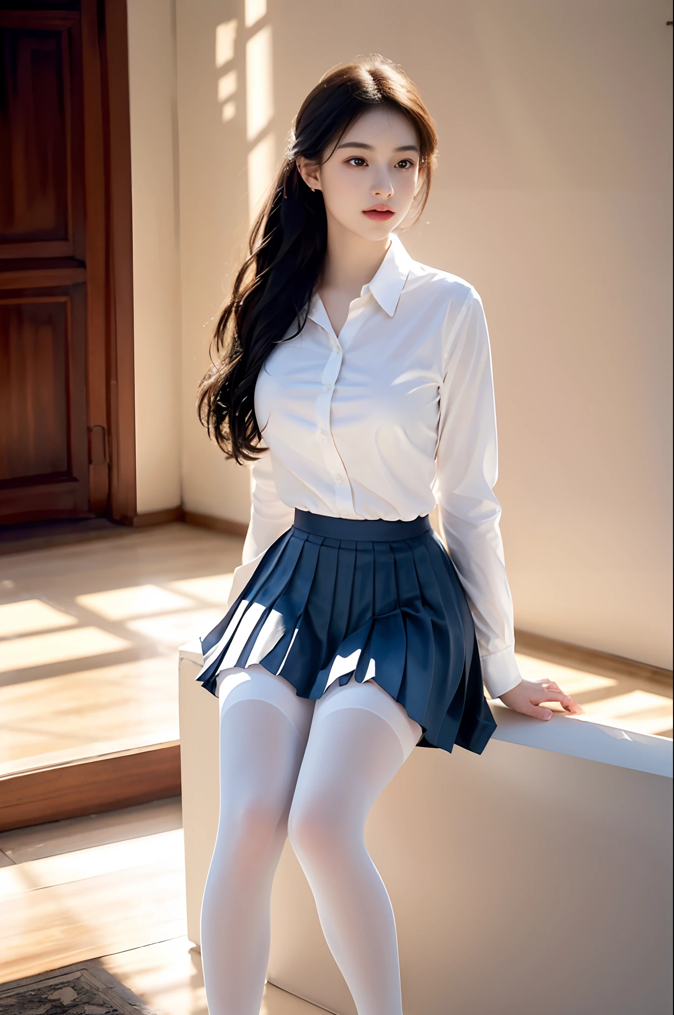 ultra realistic 8k cg, picture-perfect face, flawless, clean, masterpiece, professional artwork, famous artwork, perfect face, beautiful face, beautiful eyes, ((perfect female body)), solo,(immersive atmosphere, chiaroscuro:1.5,bright light:1.2,luminous lighting)
,,(blush:0.5),seductive expression,extremely detailed_eyes,thick thighs,large breasts,
beautifully detailed background,depth of field,realistic:1.3, long shot,1girl,shirt,pleated skirt, , sitting, full body, 
(ambient light:1.3),(cinematic composition:1.3),(neon lights:0.1),(HDR:0.1),Accent Lighting, white pantyhose,   
