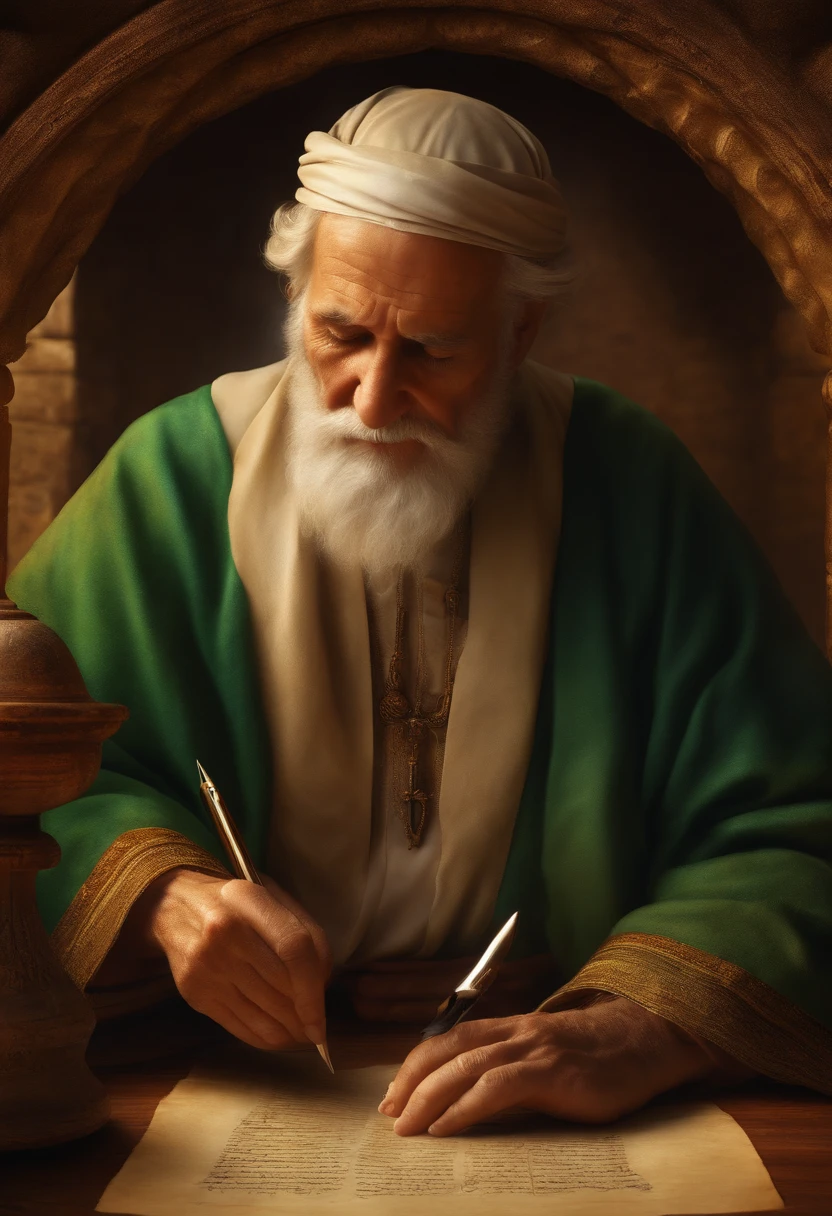 an old man full of faith writing on parchment