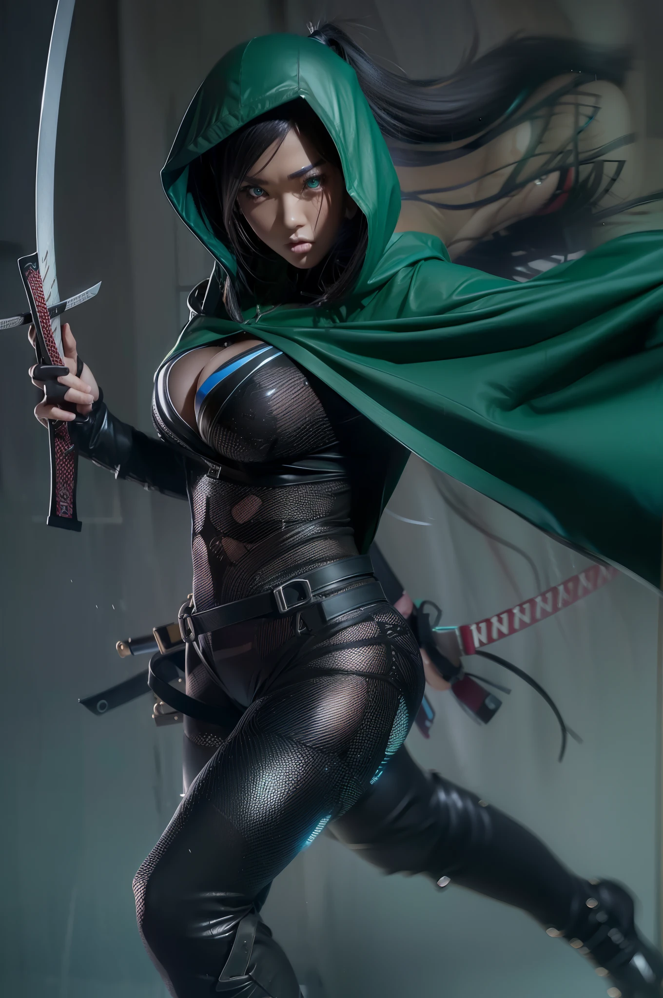 japanese woman jumping at camera in black skin tight leather outfit wielding two katana's, beautiful female assassin, cyberpunk samurai, large breast, cleavage, jet black hair in a pony tail, black tattered hooded cloak, close to camera, mid air, green screen background, beautiful face, blue eye's,