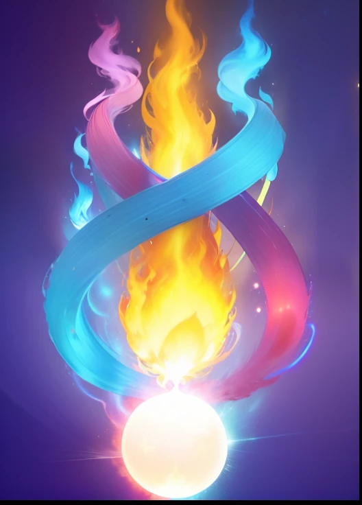 ultra realistic. 3 flame with different colors merging. blue flame. the blue flame is spinning from left to right, pink flame. the pink flame is spinning from right to left. yellow flame. the yellow flame shining still vertical in the center. all the fire come from a small white pear shining silver sparkling. interstellar background above planet earth