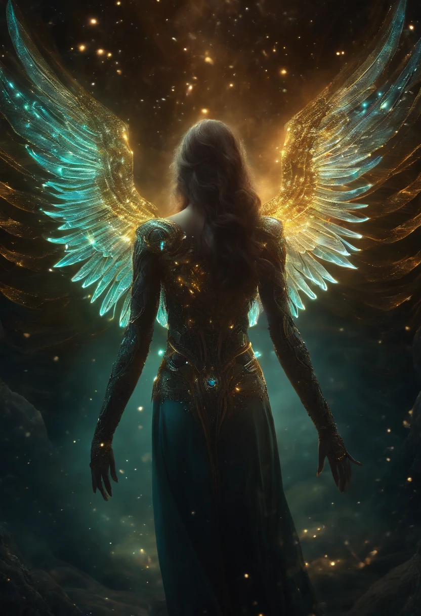 Cosmic Fallen Angel, glowing light eyes, Biomechanical, eerie, Creepy, nightmarish, Very bright colors, Light particles, with light glowing, Mshiv, wallpaper art, UHD wallpaper