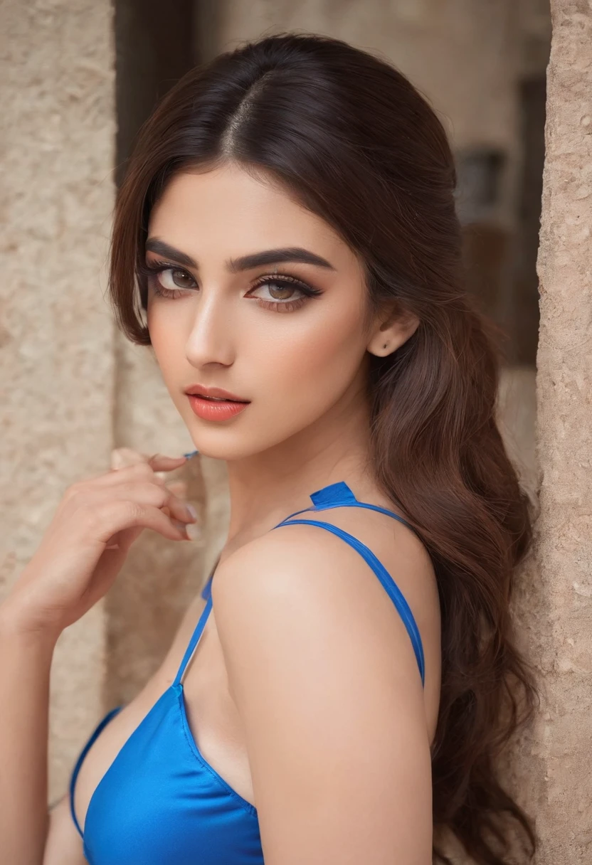 Busty 21 year old Pakistani actress in a bright blue bikini, 35 mm Canon