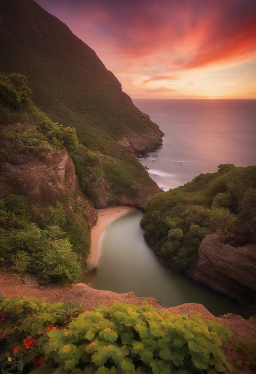 A view of a body of water surrounded by lush green trees - SeaArt AI