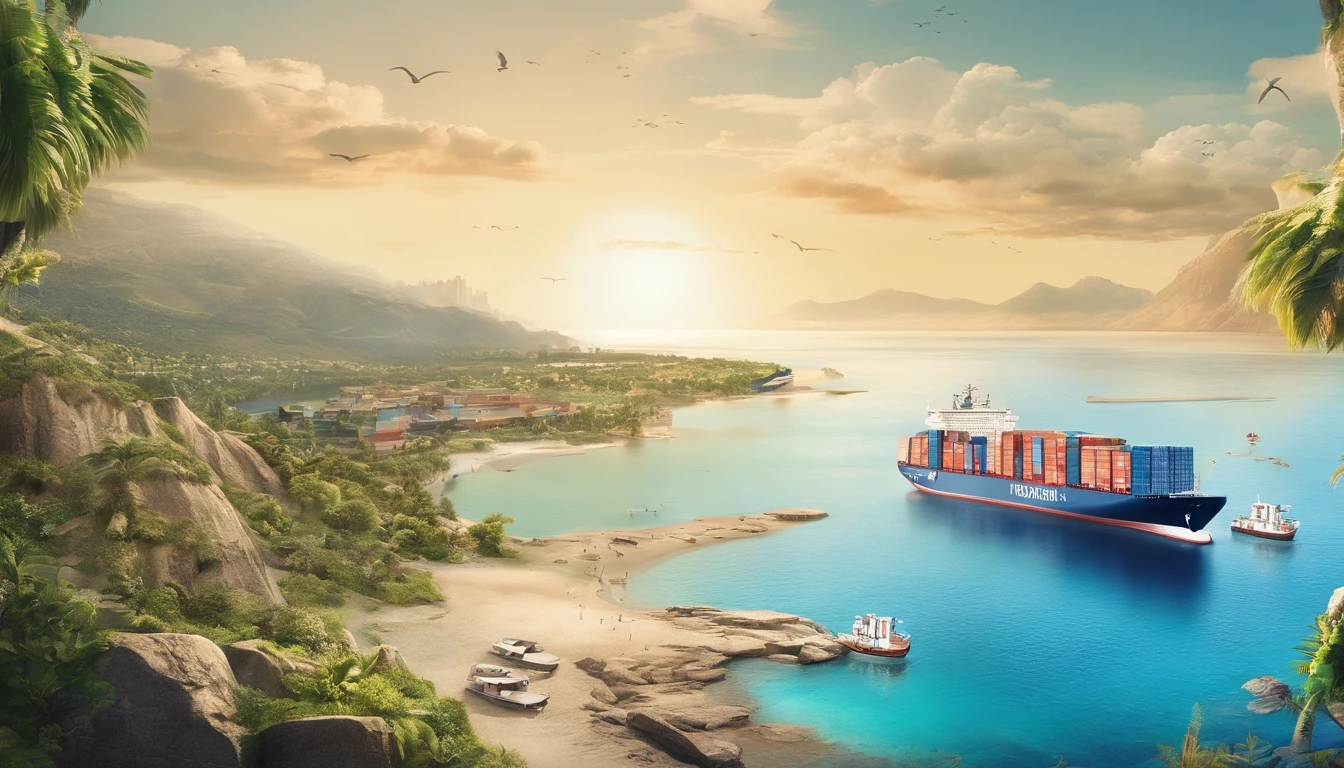 Generate a poster,The dimensions are 3 meters wide and 6 meters long,Sunny beach in the background,Container ships sail on the sea,There are transport planes in the sky,Don't have characters