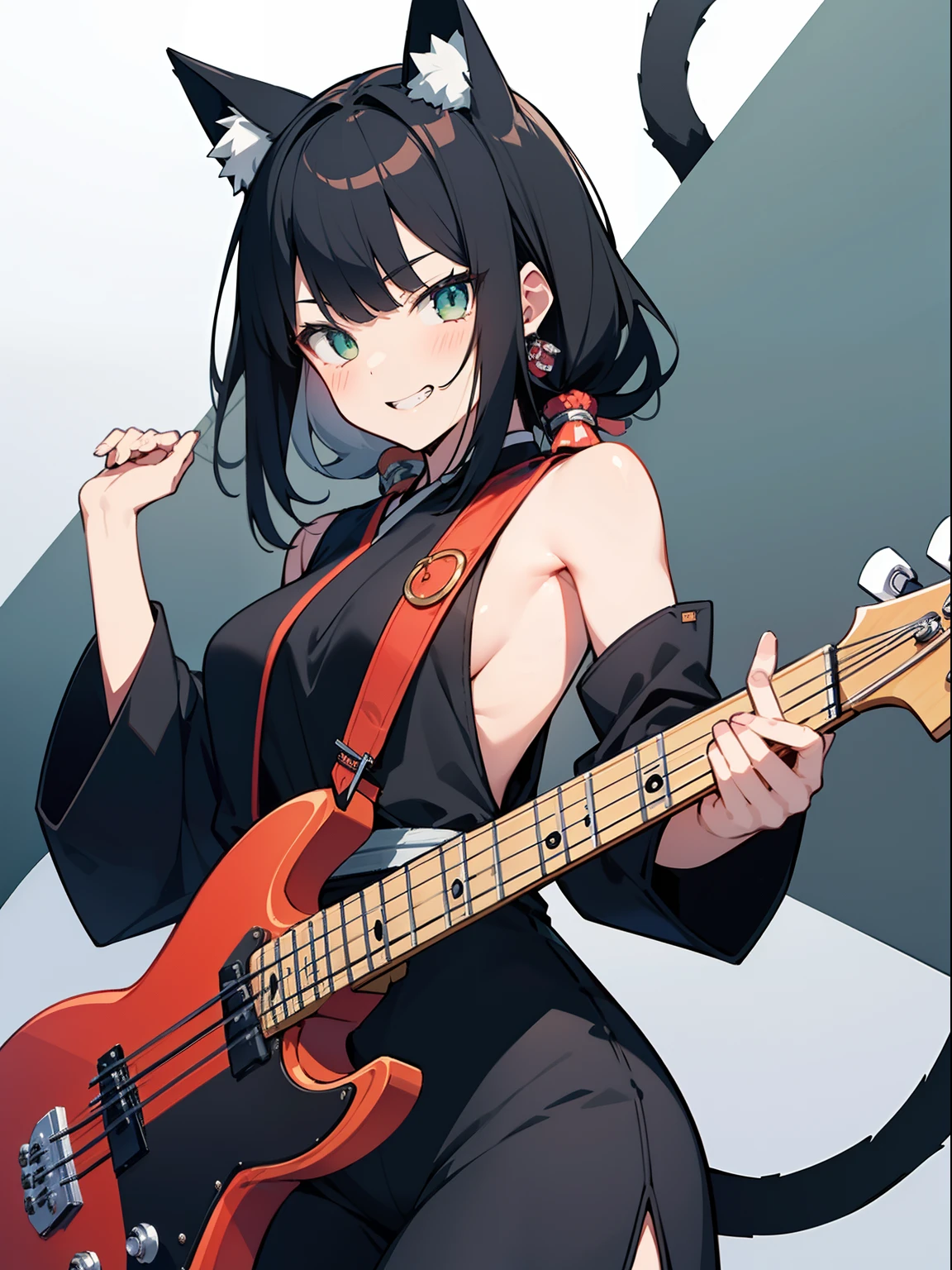 Petite cute Japanese woman 24 years old, Graceful physique, cat ears; Big green shiny eyes, A sly half-smile, black hair with scarlet highlighting, gathered in the tail to the middle of the back; small pointy breasts; айдол j-rock, Joyful expression on his face, laughter, artistry; In the hands of a professional bass guitar; Epic concert pose; Anatomical realism, hight resolution, high quality textures, higly detailed