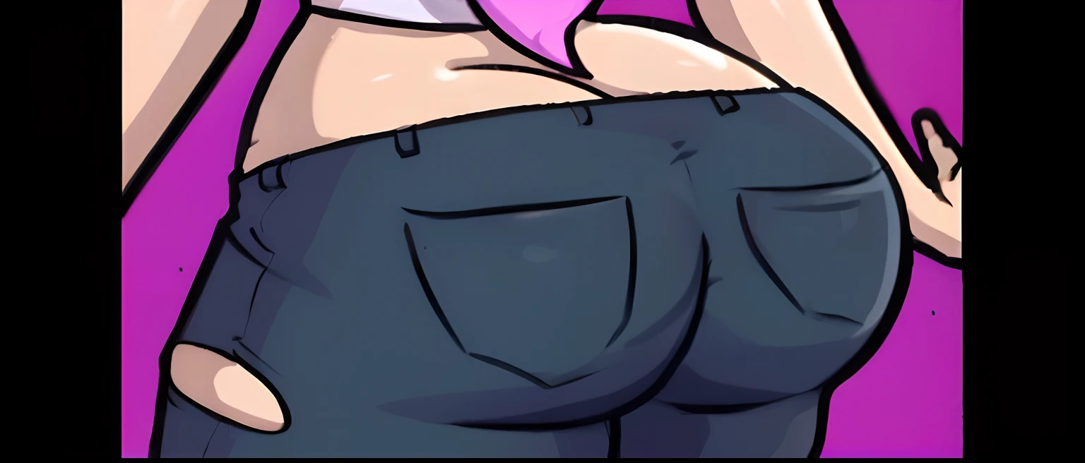 Cartoon girl with pink hair and purple shirt showing off her butt, muslos de cerca, Mano en las caderas, insanely inflated hips, cerca de un flaco, Cuerpo inferior de cerca, Ropa reveladora, Derriere bien formado, rodillas metidas, cell shaded adult animation, Thicc, booty shorts, Forma de trasero, caderas acentuadas, Tiro extremadamente cercano, usar pantalones