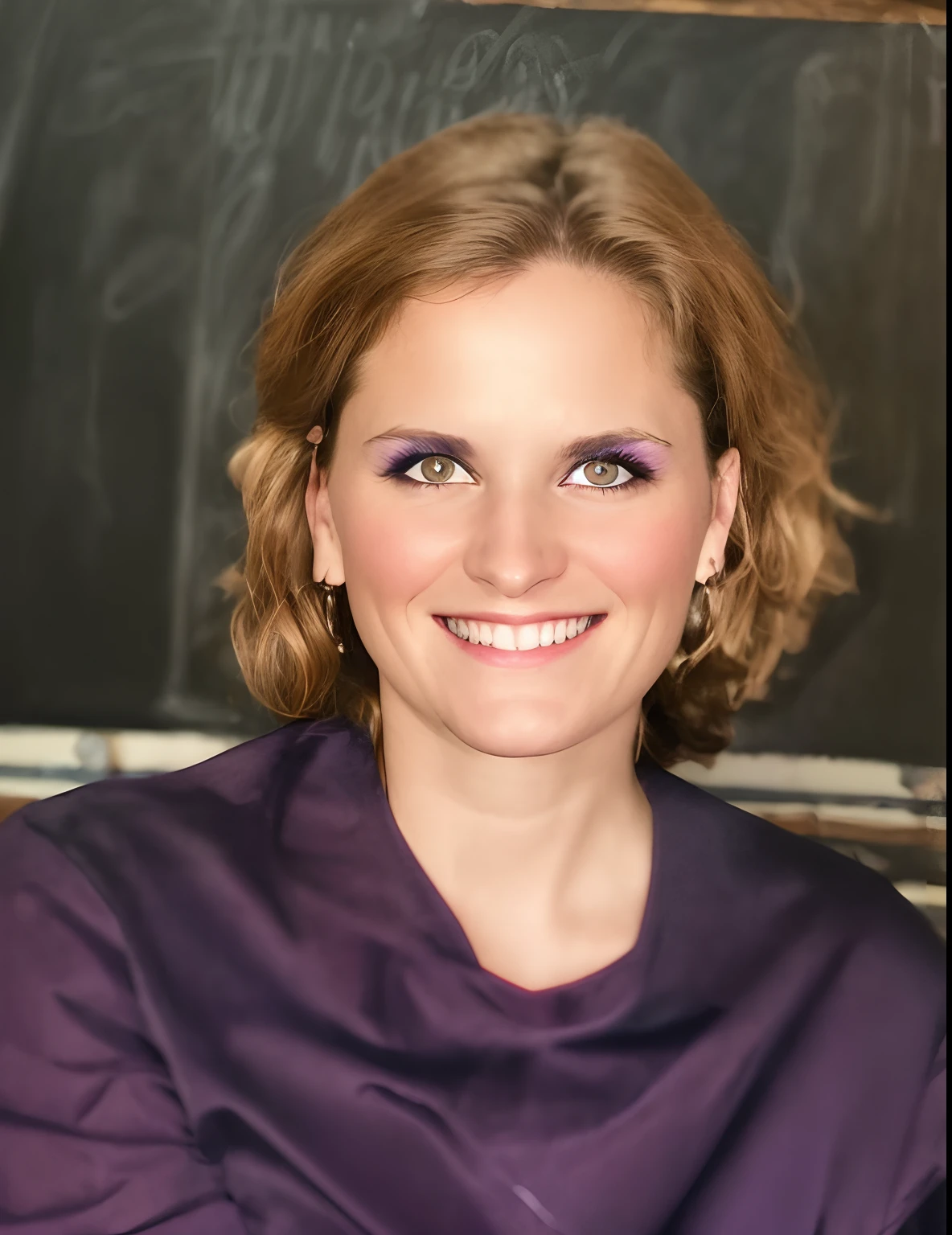 smiling woman with purple eyes and purple shirt sitting in front of a blackboard, jennifer wuestling, taken in the early 2020s, miranda meeks, headshot photo, laurie greasely, headshot profile picture, karen carr, portrait image, photo portrait, gina heyer, emily rajtkowski, laura zalenga, laurie greasly