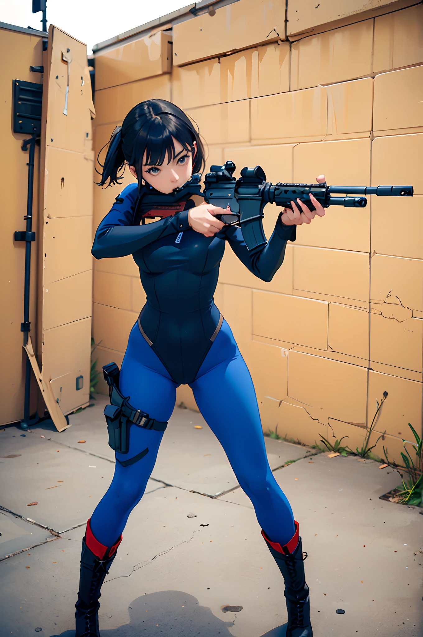 canadian female, solo, age 22, (dark blue and red skintight bodysuit, leotard, boots), full body, cowboy shot, (holding and aiming weapon, m4 carbine), realistic, shoulder holster, firing range backdrop